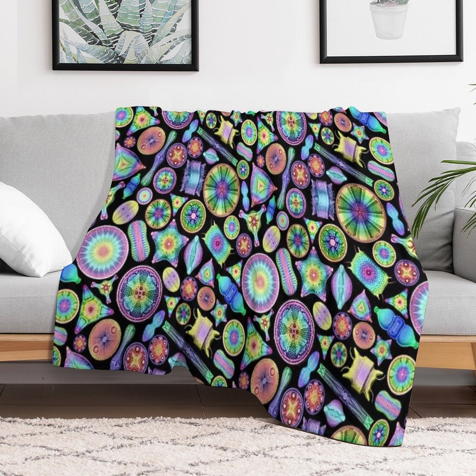 Ernst Haeckel Rainbow Diatoms on Black Anti-pilling Throw Blanket