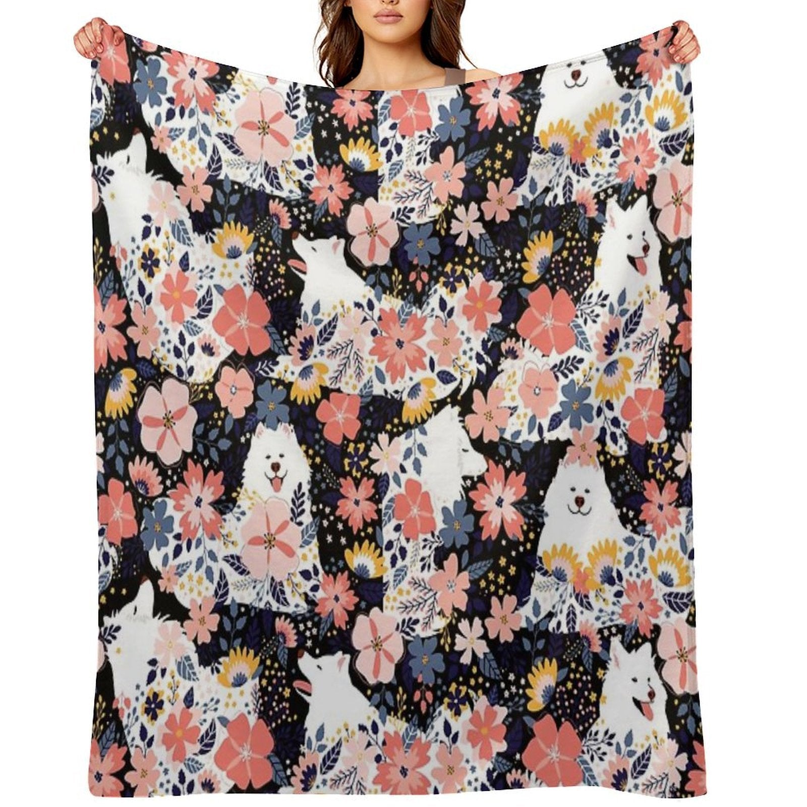 Cute Samoyed Garden - Black Background Shrink-resistant Throw Blanket
