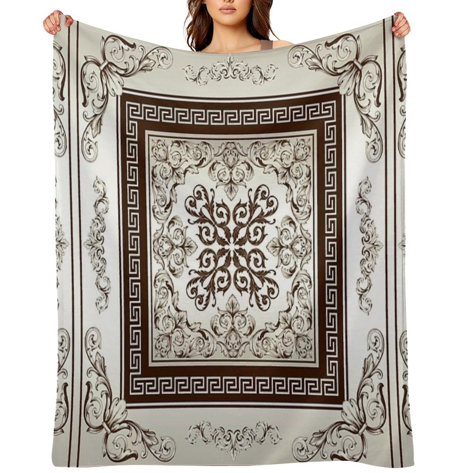 Baroque Filigree Cream And Brown Greek Meander Comfort Throw Blanket