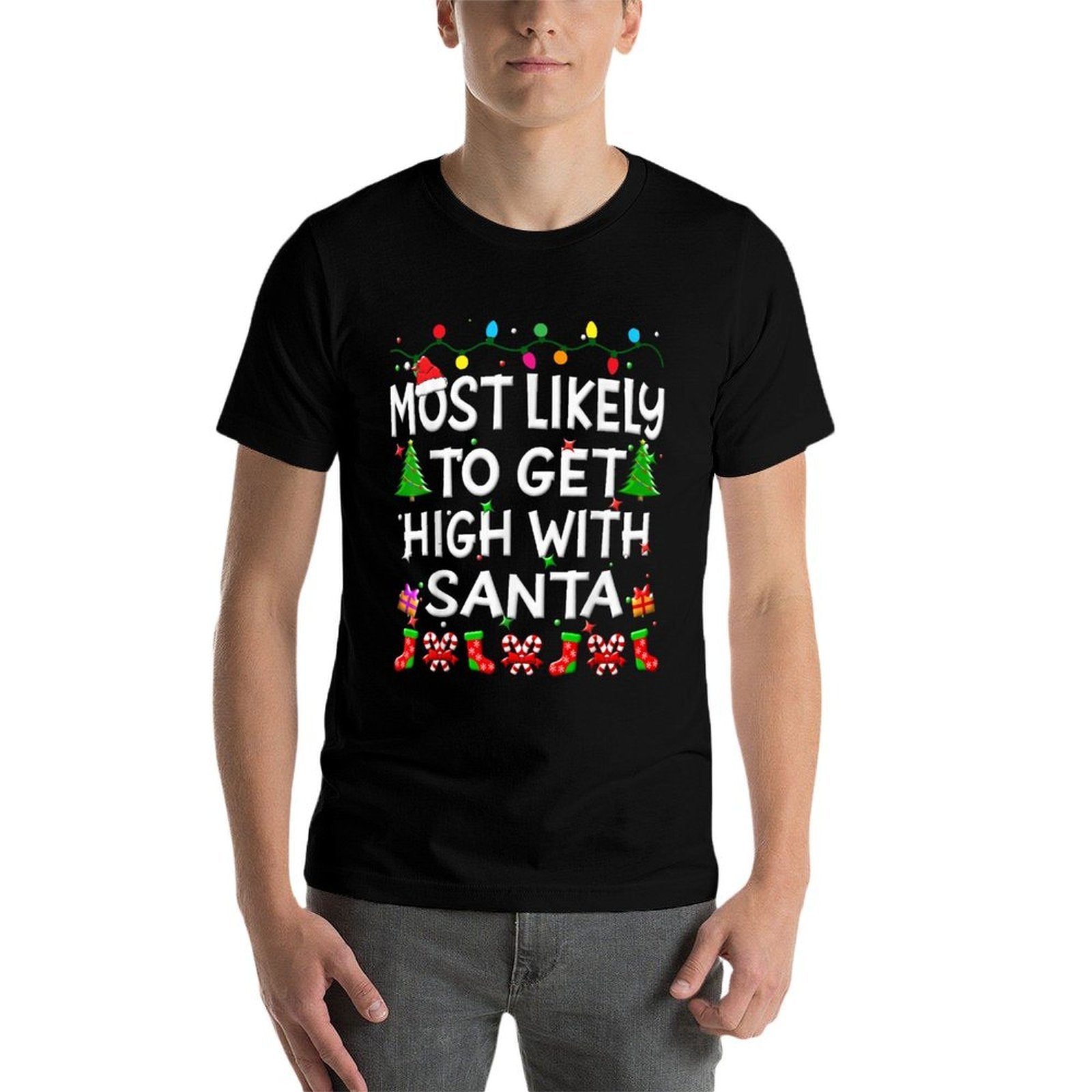 Most Likely To Get High With Santa Christmas Funny Adult Men  Polyester Blend T-Shirt