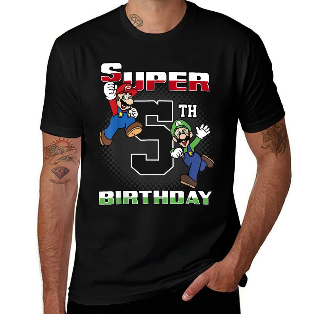Super Mario And Luigi Super Birthday 5th Birthday Portrait  High-quality Stitching T-Shirt