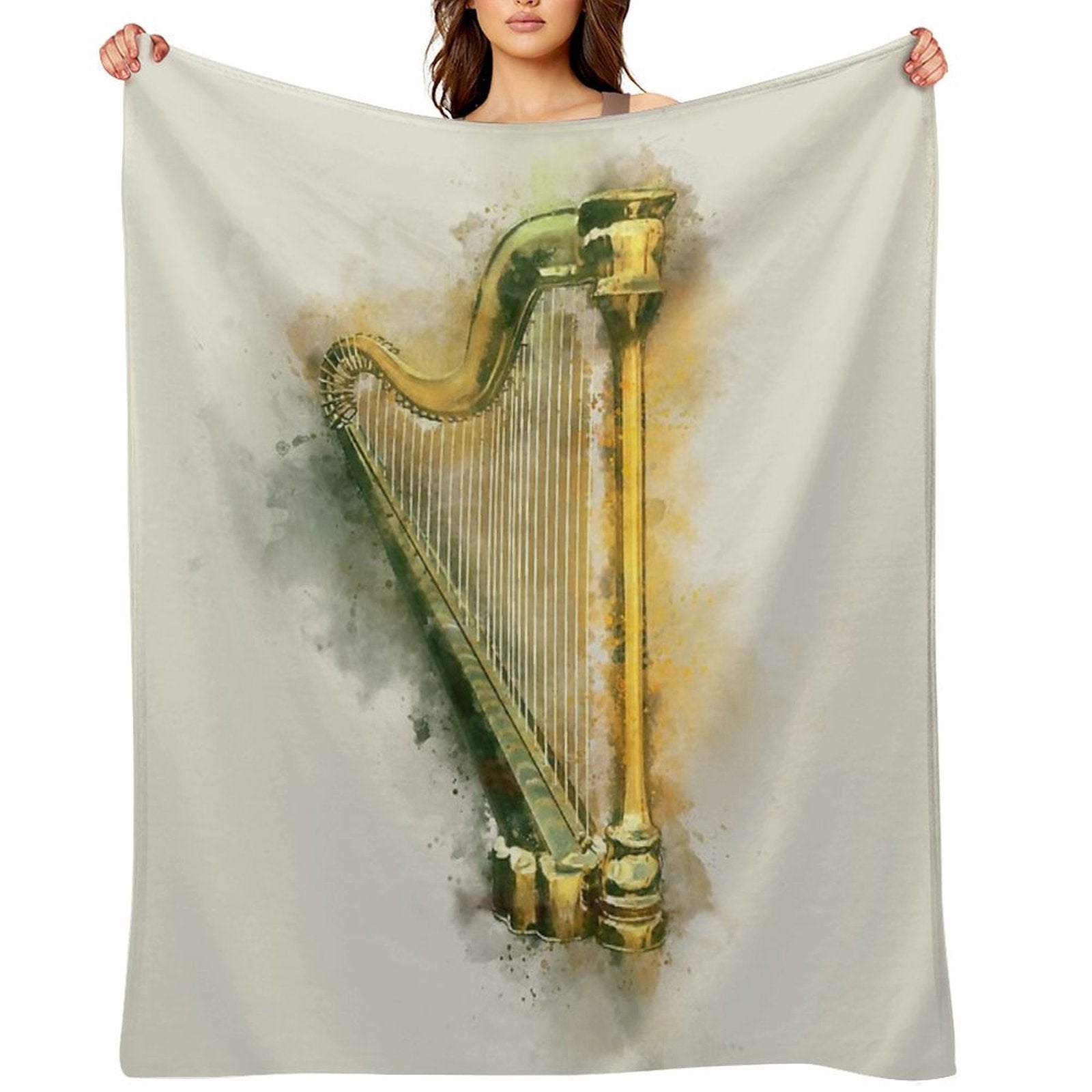 Classical Harp in Golden Watercolor Wrinkle-free Throw Blanket