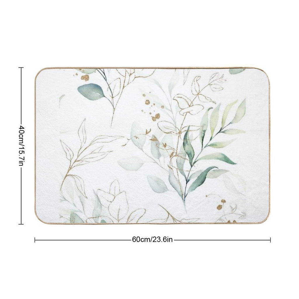 Eucalyptus Leafs And Gold Pattern Watercolor Print by Zouzounio Art  Fade-Resistant Bath Mat