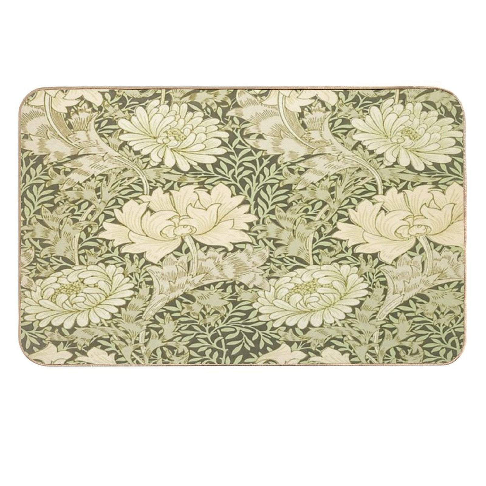 William Morris Vintage Green And White Chrysanthemum Floral Pattern  Non-Slip Bath Mat