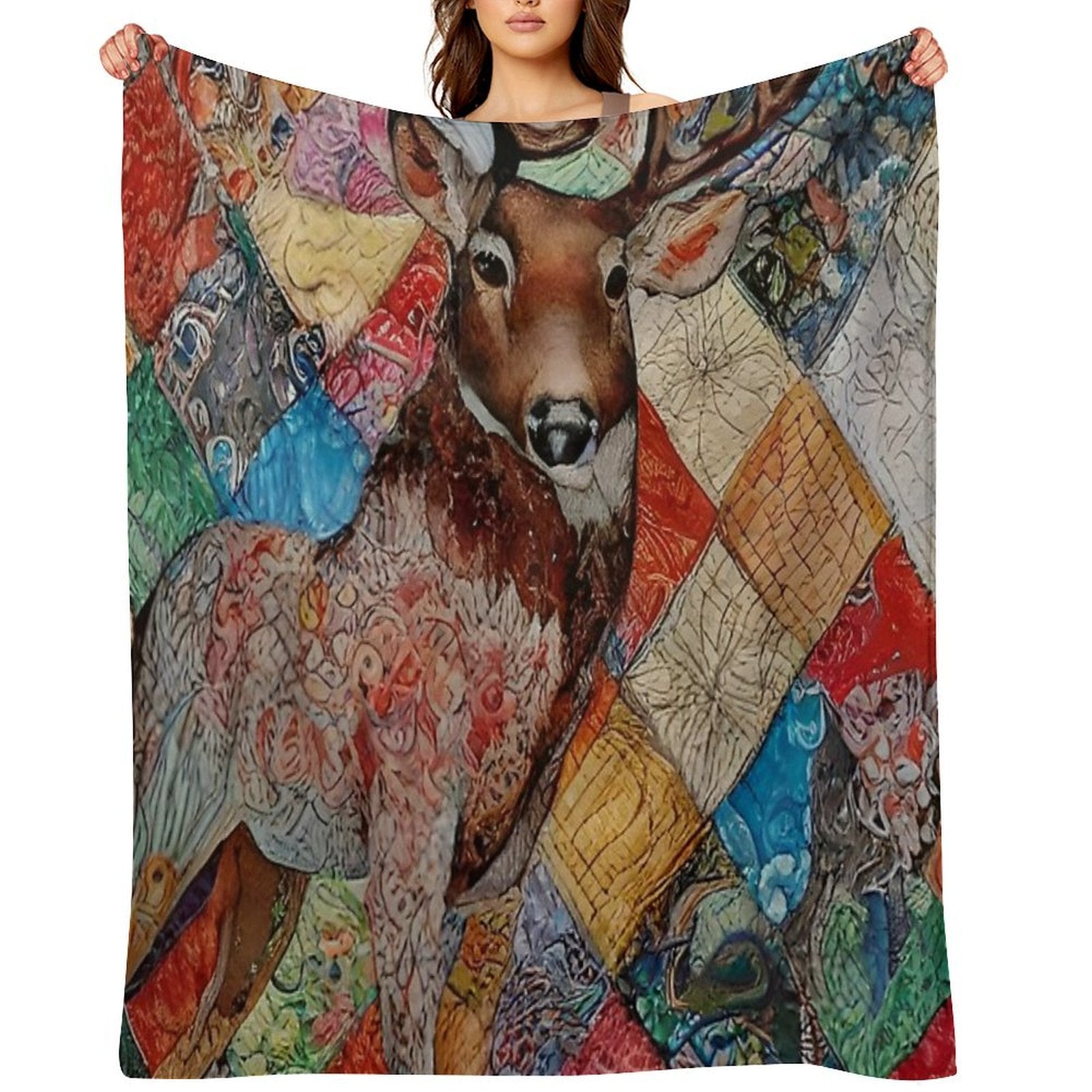 Rustic Deer Simulated Quilt Pattern Machine-washable Throw Blanket