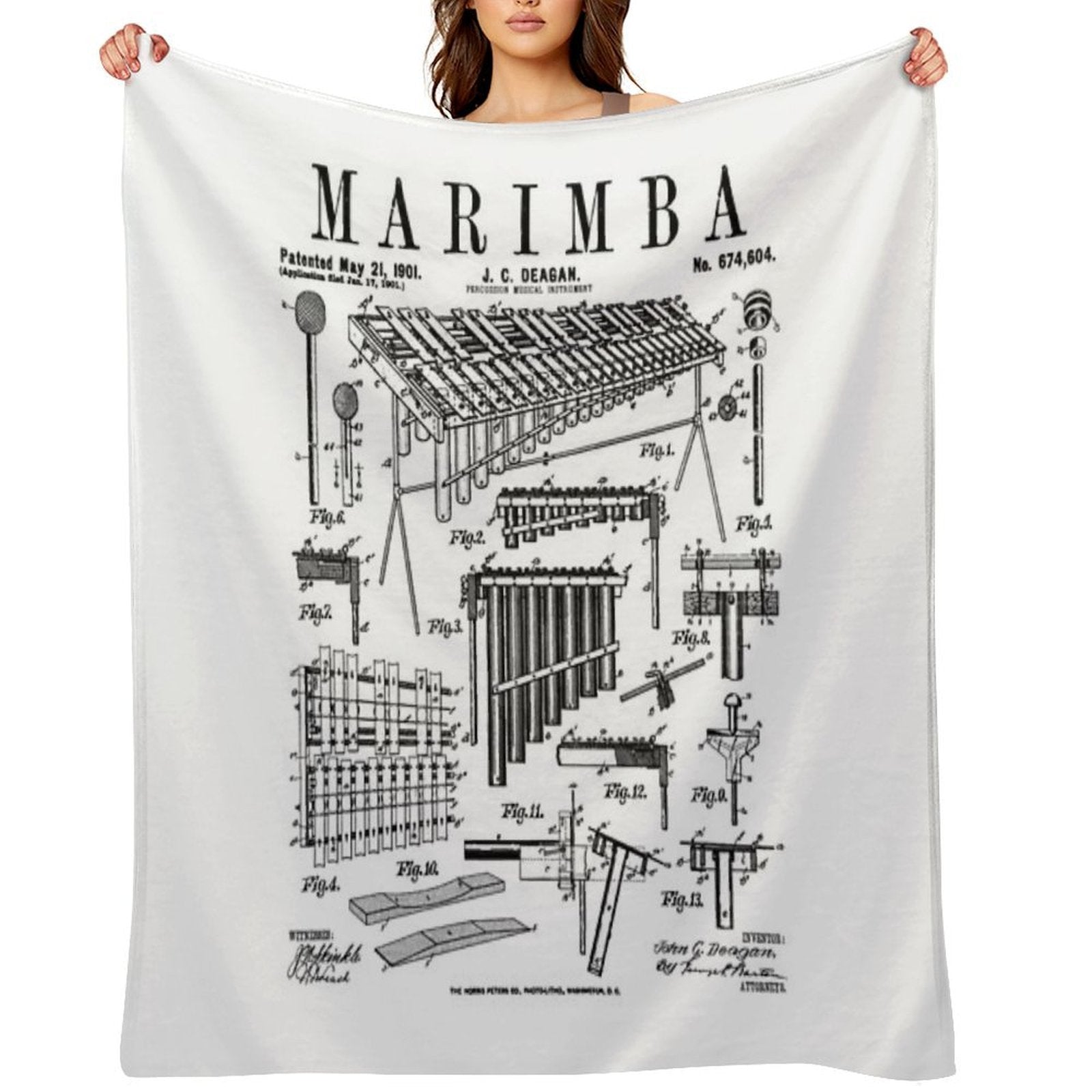 Marimba Player Percussion Musical Instrument Vintage Patent Premium Throw Blanket