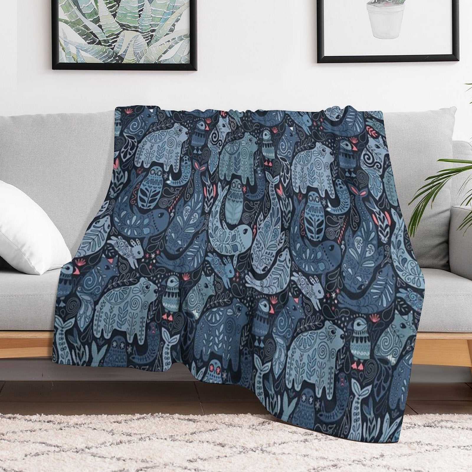 Arctic Animals. Narwhal, Polar Bear, Whale, Puffin, Owl, Fox, Bunny, Seal. Gift-ready Throw Blanket