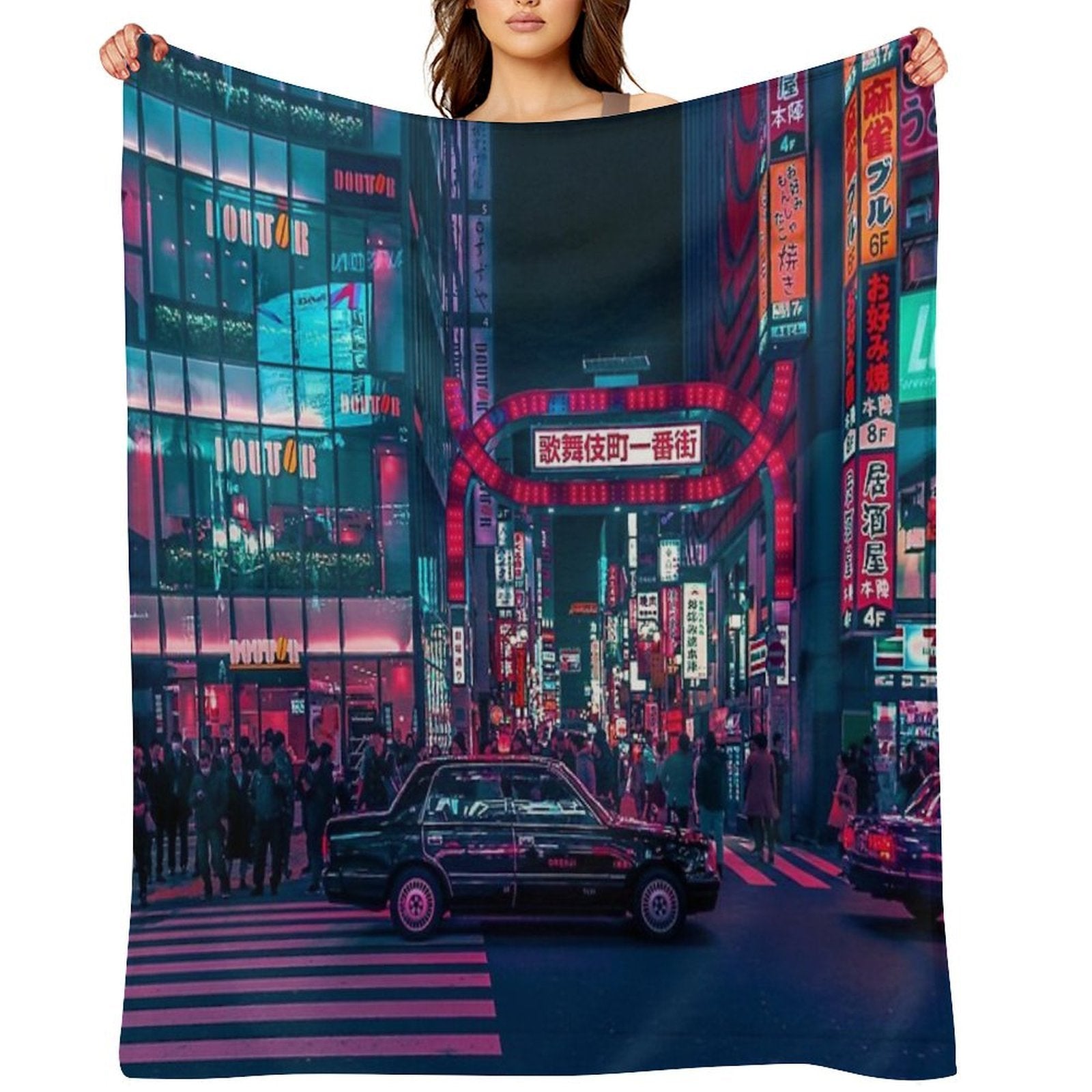 Cyberpunk Tokyo Street Travel-friendly Throw Blanket