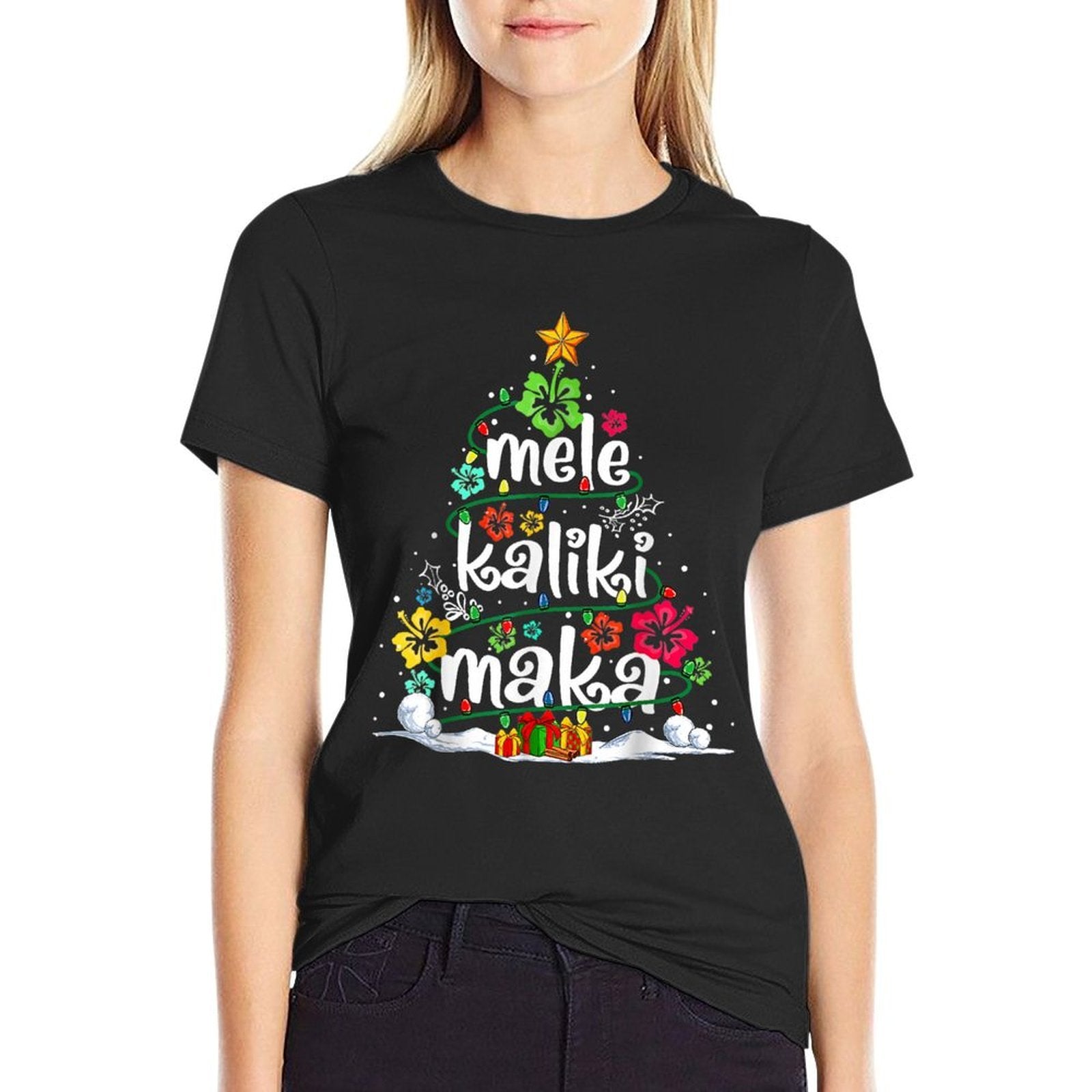 Hawaiian Floral Christmas Tree Mele Kalikimaka Tropical Xmas  Oversized Silhouette T-Shirt