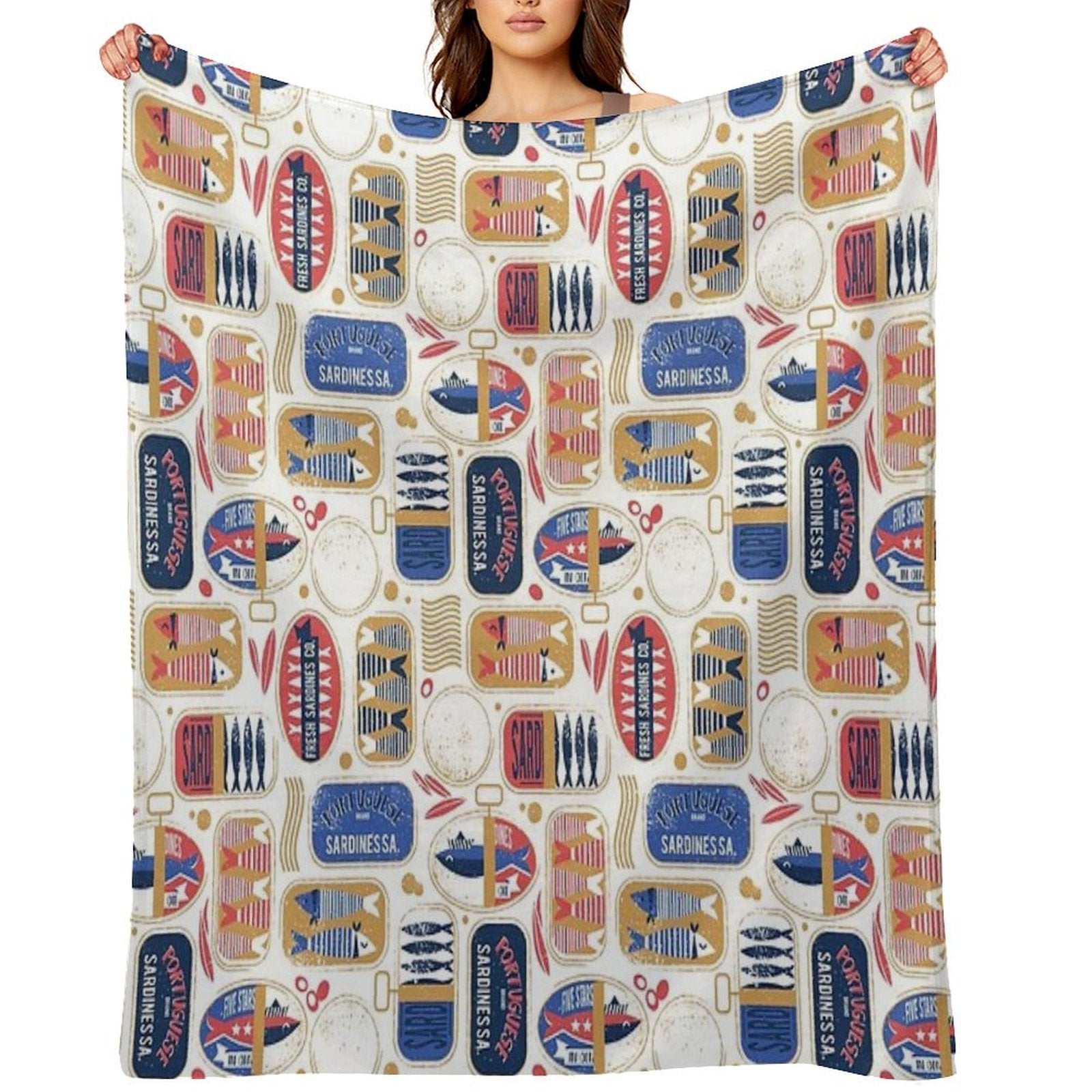 Vintage Canned Sardines  White Background Electric Blue And Mandy Red Cans Velvety-soft Throw Blanket