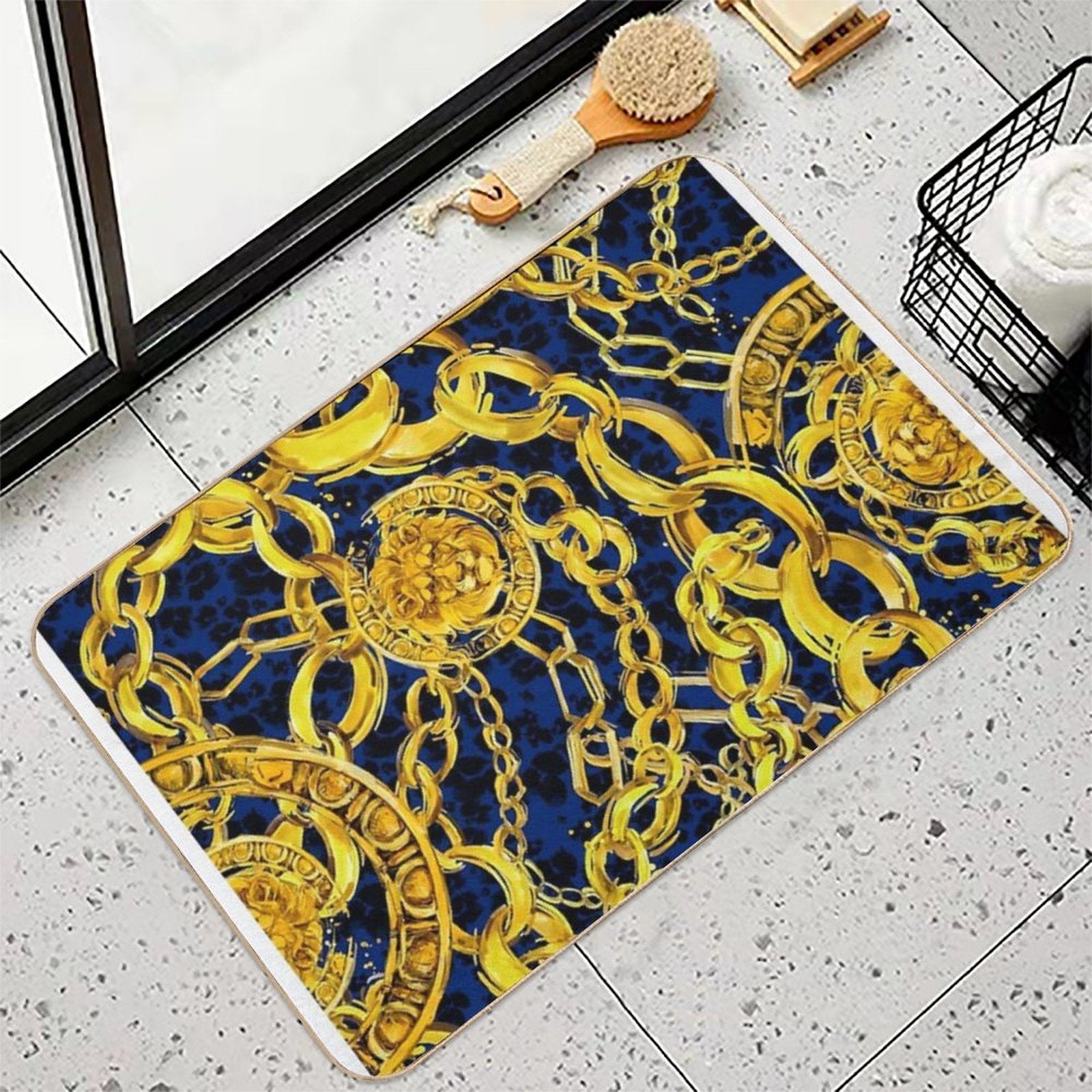 Golden Lion Baroque Seamless Pattern. Watercolor Vintage Gold Lace Ornament. Luxury Textile Print  Easy To Clean Bath Mat