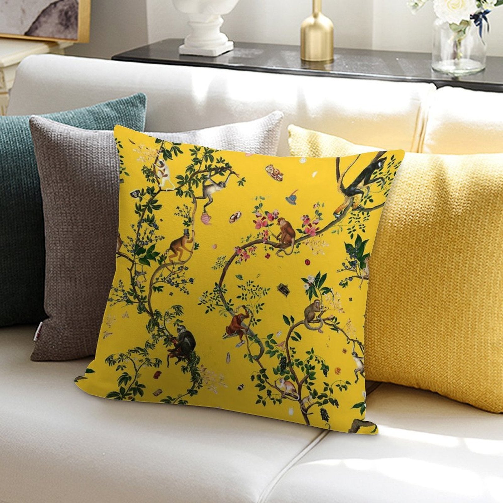 Monkey World Yellow Soft Washable Throw Pillow