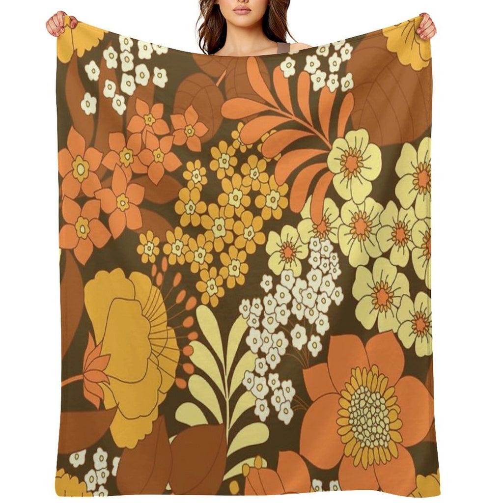 Brown, Yellow, Orange & Ivory Retro Flowers Premium Throw Blanket