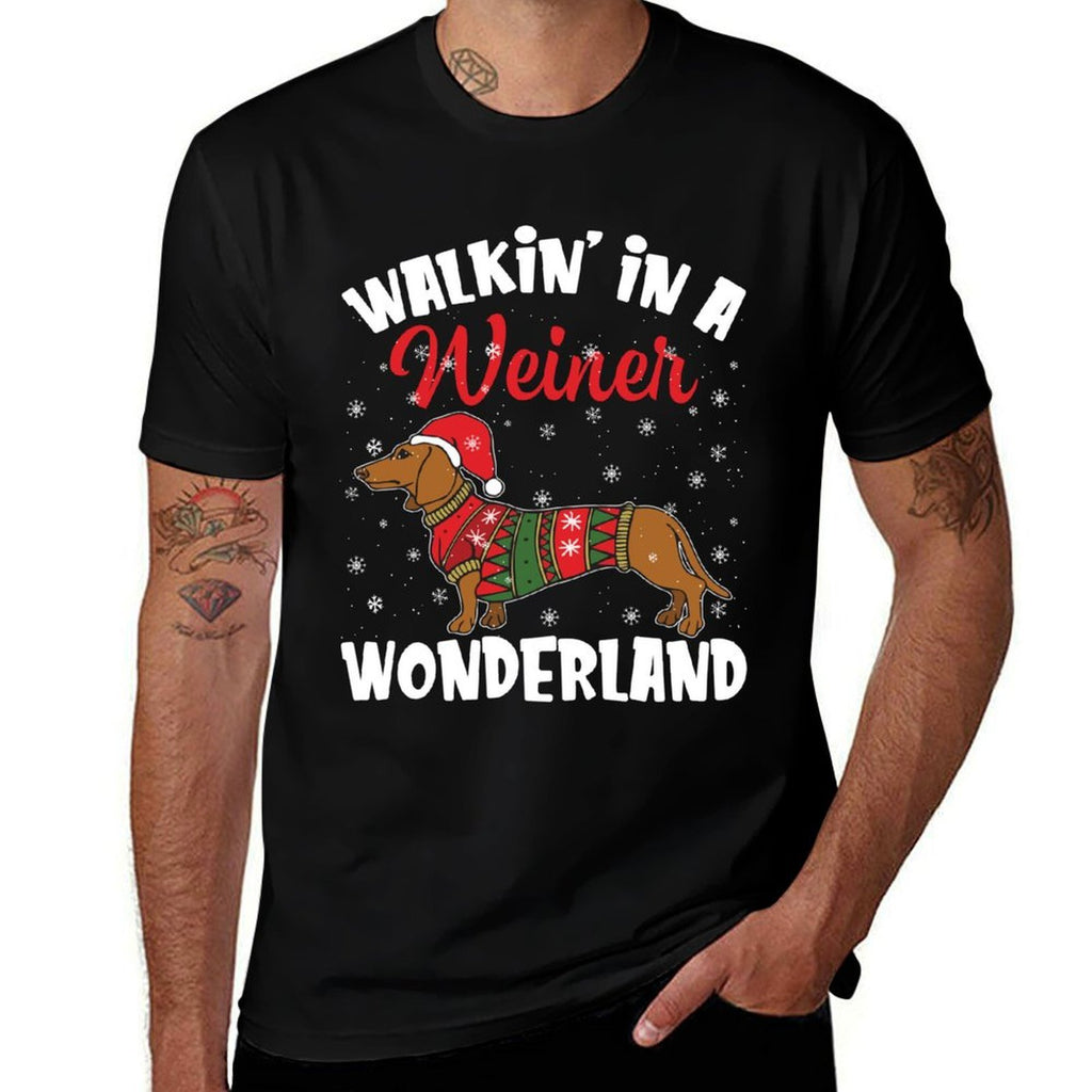 Walking In A Wiener Wonderland Funny Dachshund Christmas  High-quality Stitching T-Shirt