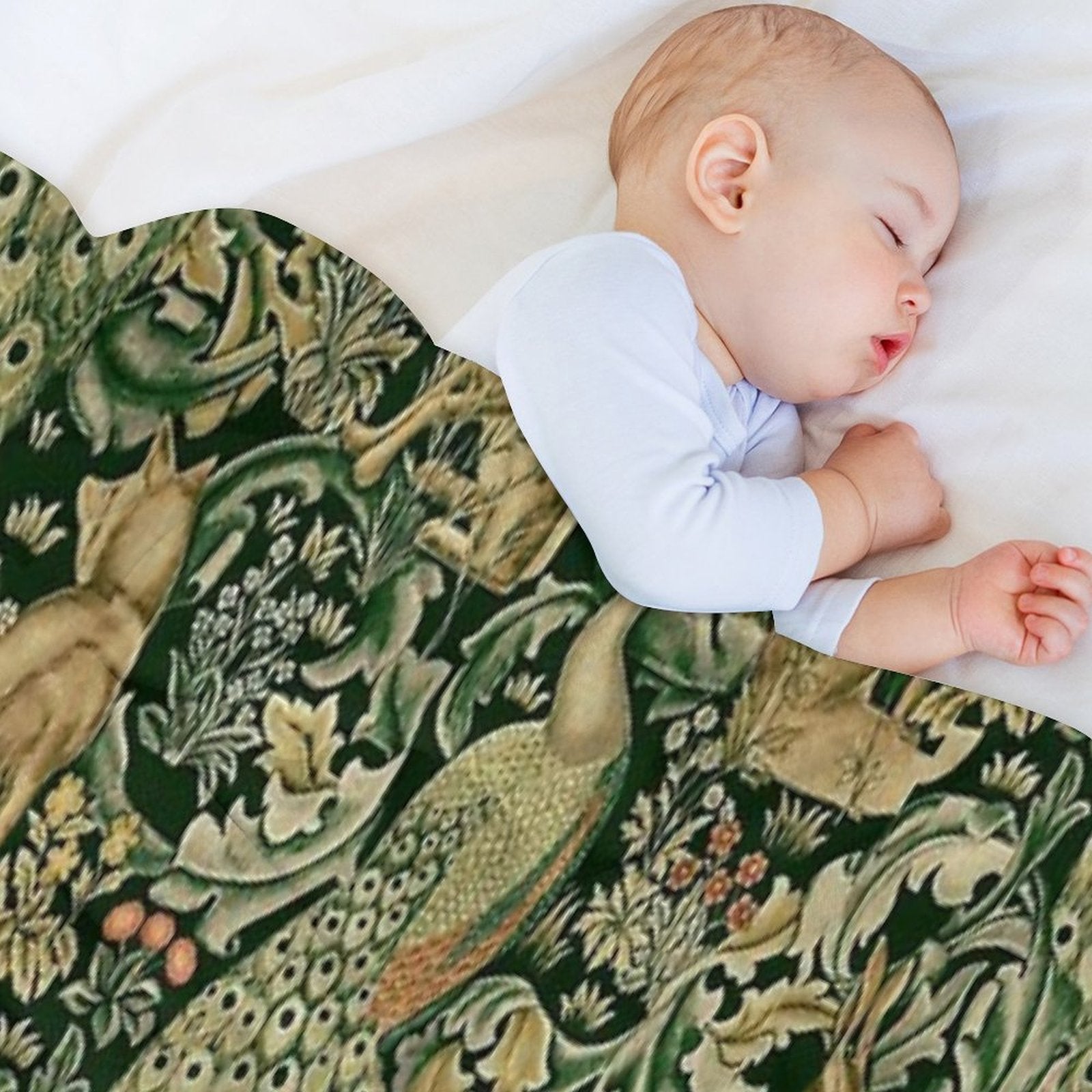 GREEN FOREST ANIMALS ,PEACOCKS, FOX AND HARE IN GREEN LEAVES,FLORAL PATTERN Shrink-resistant Throw Blanket