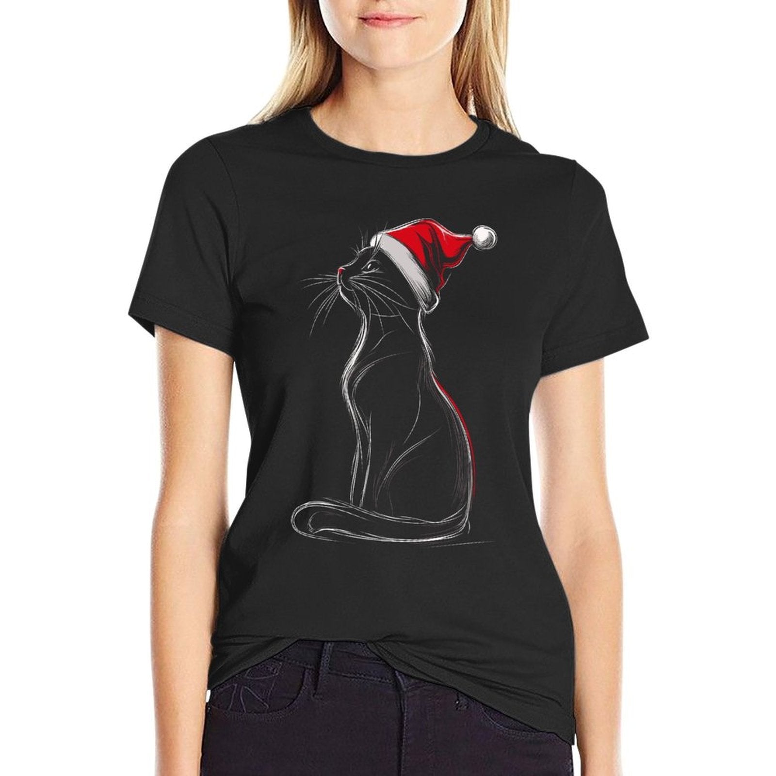 Black Cat Santa Hat Christmas Xmas Kitten  Relaxed-fit T-Shirt