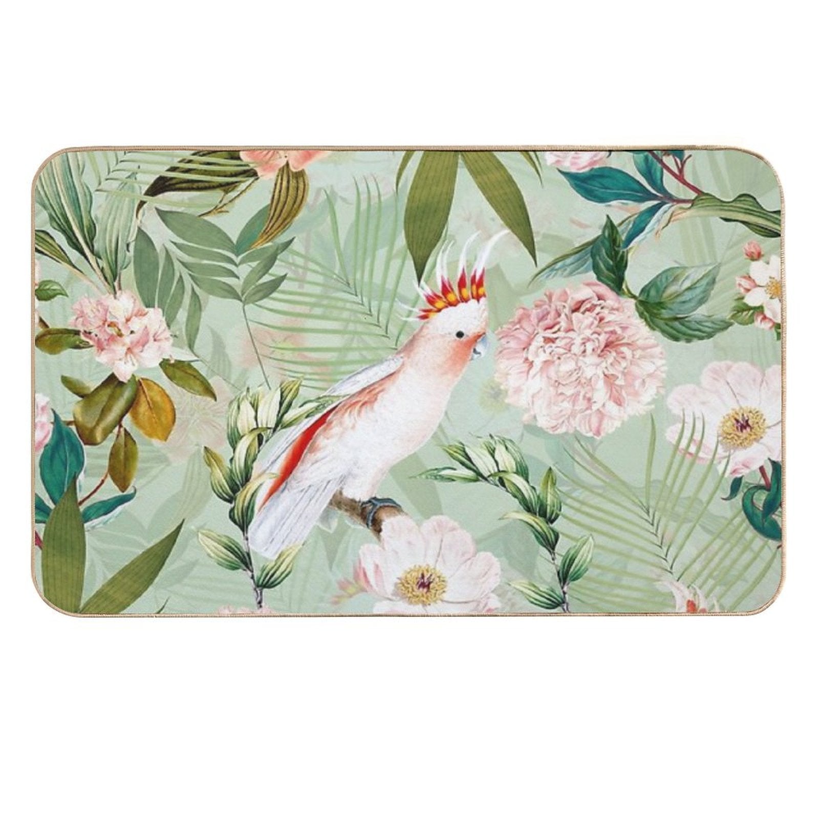 Tropical Cockatoo And Jungle Botanical Garden Pattern - Mint  Fade-Resistant Bath Mat