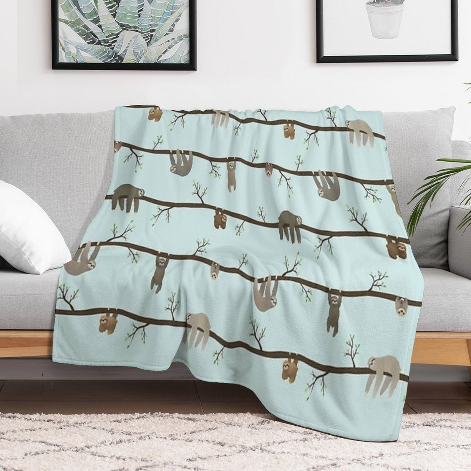 Sloths (blue) Shrink-resistant Throw Blanket