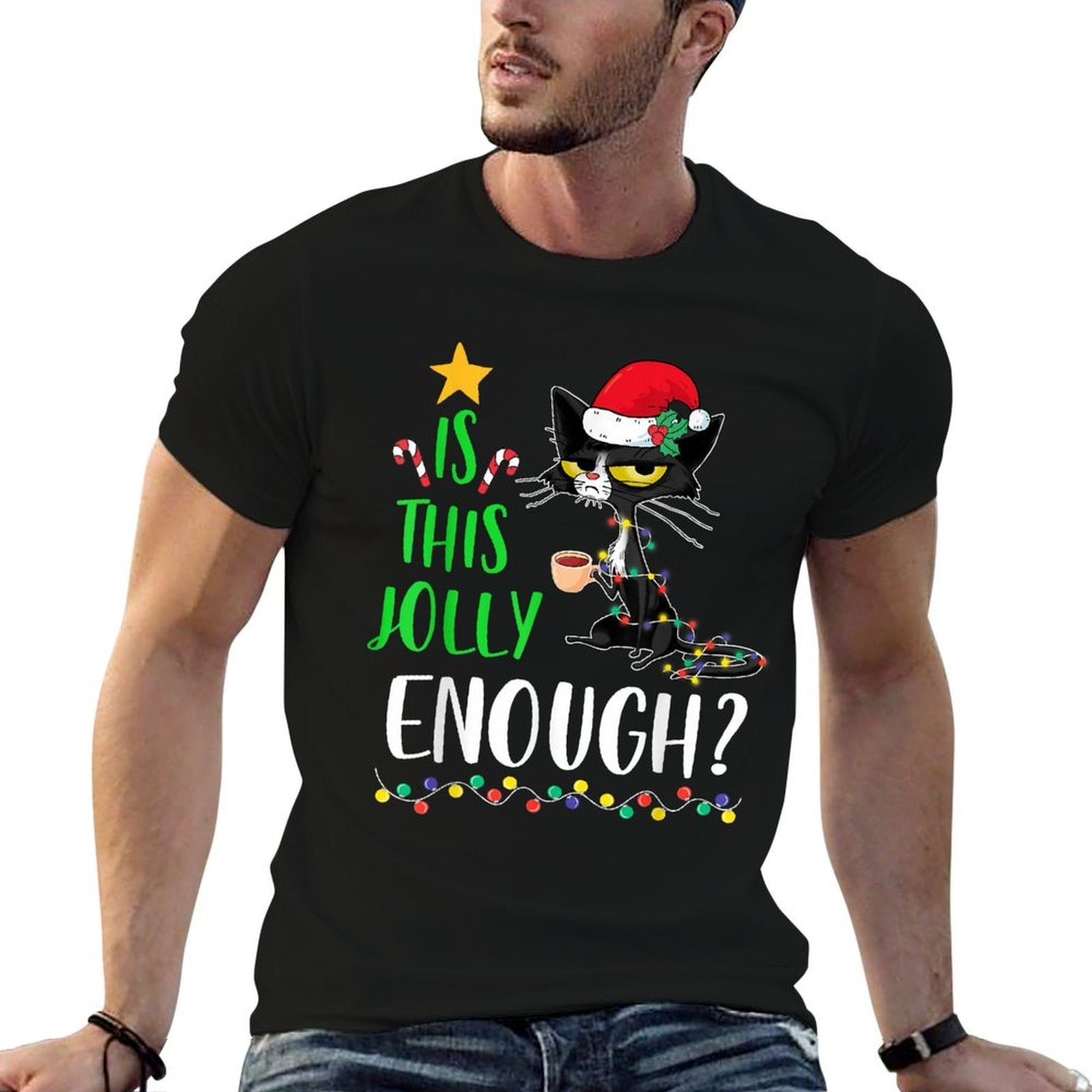 Is This Jolly Enough Black Cat Merry Christmas Tree Lights  Polyester Blend T-Shirt