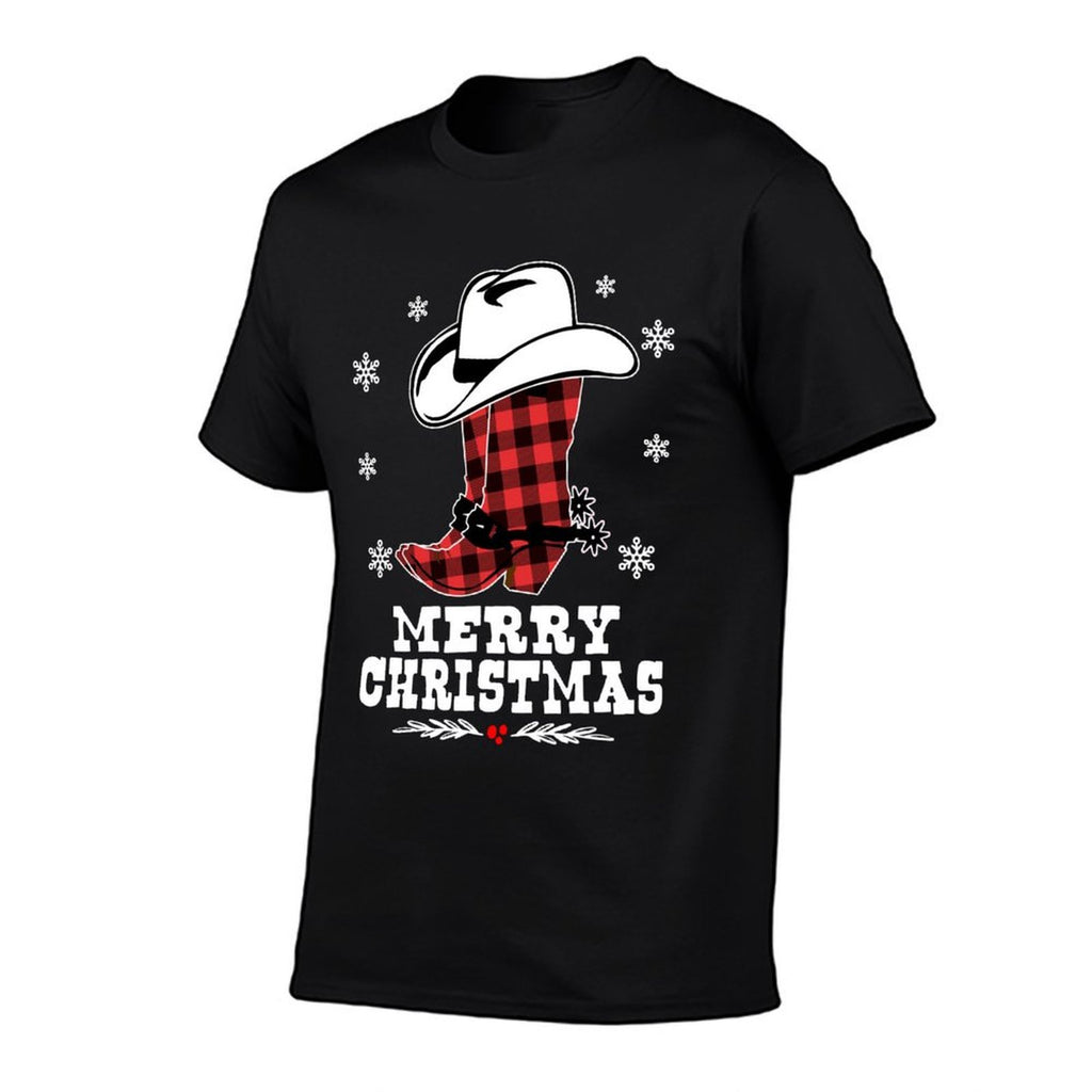 Merry Christmas Cowboy Boots Red Buffalo Plaid Western  Stretchy T-Shirt