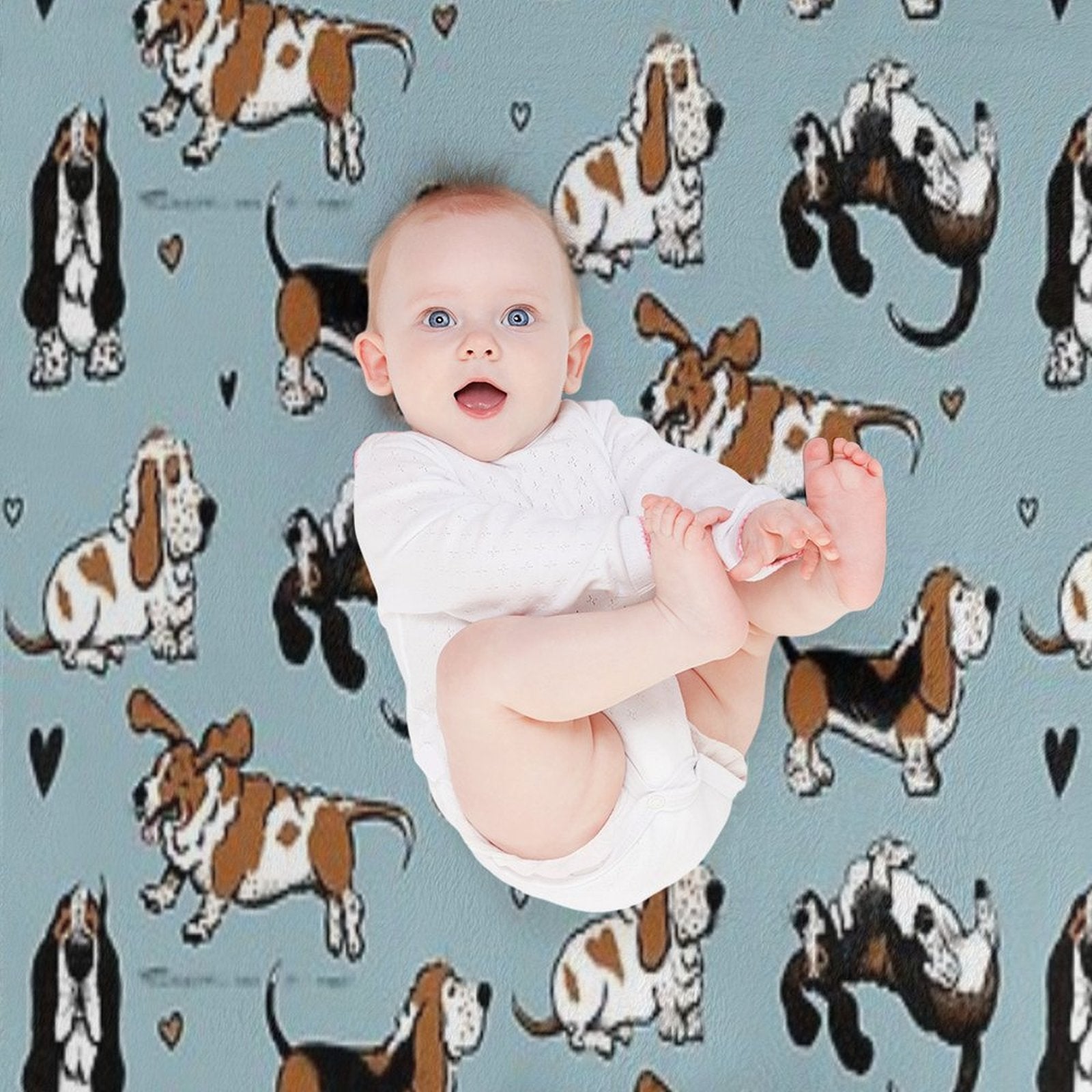 Basset Buddies on Blue Machine-washable Throw Blanket