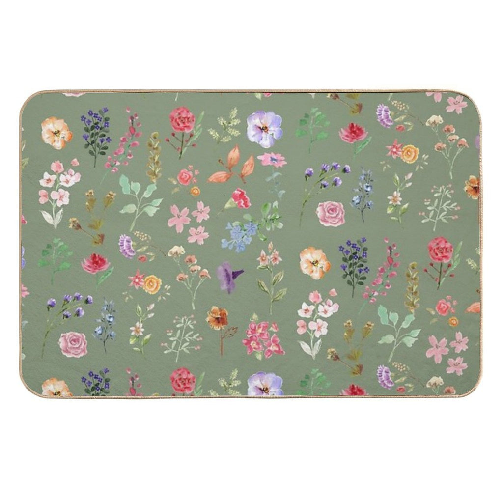Watercolour Floral Pattern in Sage Green  Rapid-Drying Bath Mat