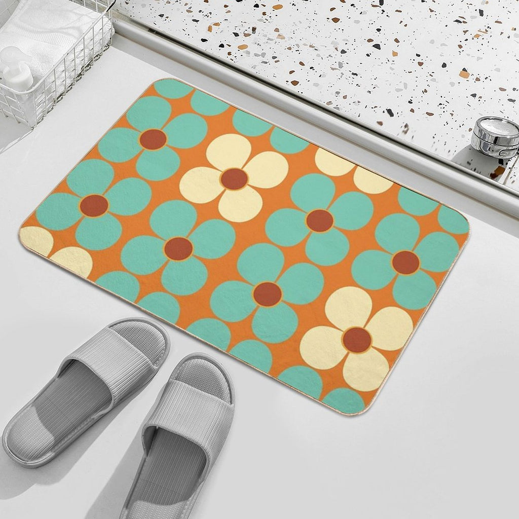 Retro Land Flower Power Blue And Cream  Anti-Trip Bath Mat