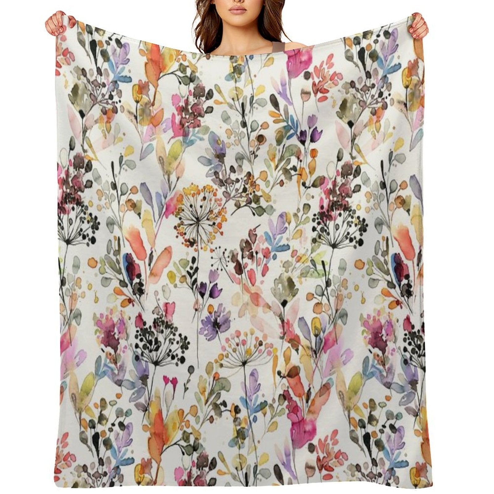 Wild Flowers And Plants Watercolor - Wild Nature Botanical Print Plush Throw Blanket