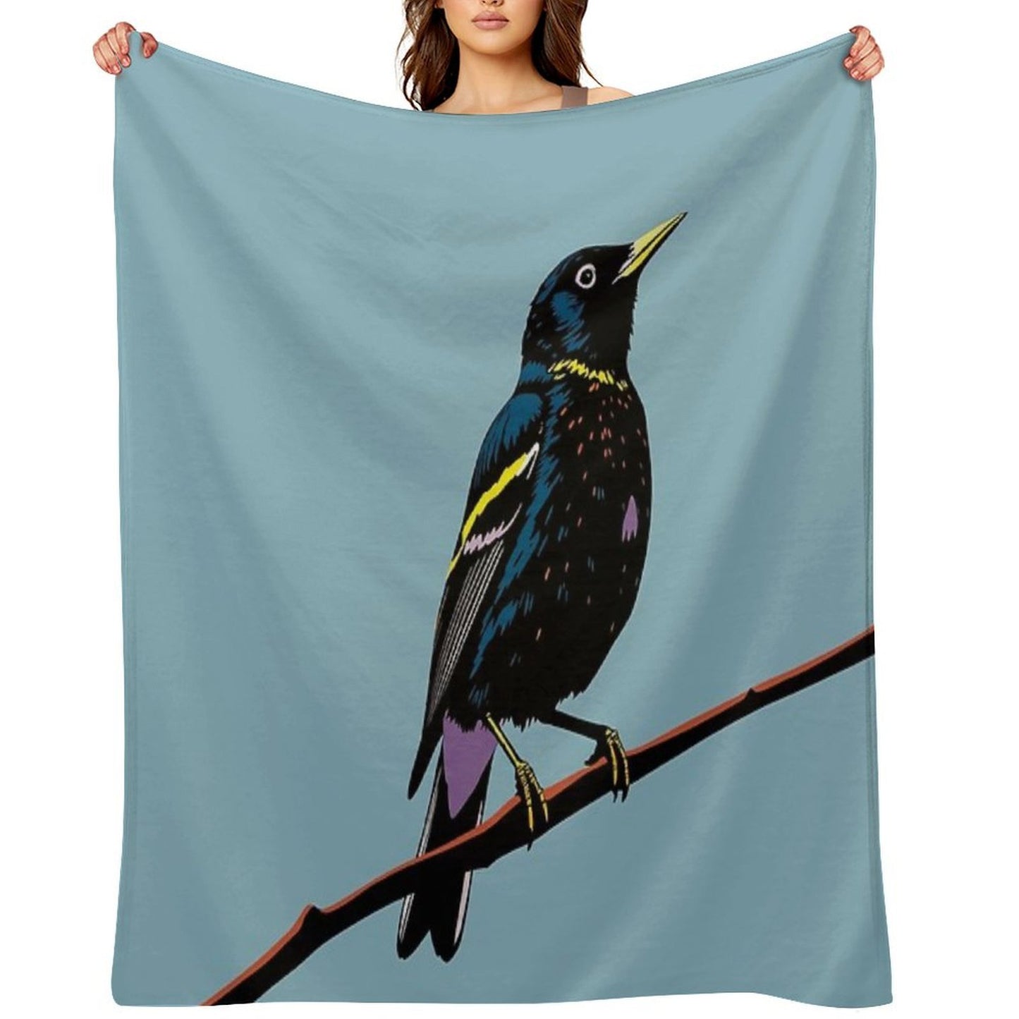 Modern Starling on Branch Pop Art Illlustration Multi-functional Throw Blanket