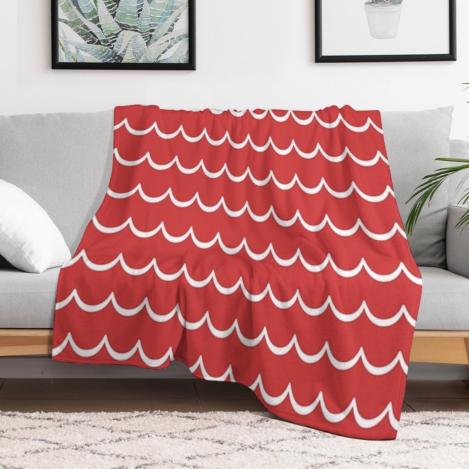 Red And White Coastal Wave Pattern Anti-pilling Throw Blanket