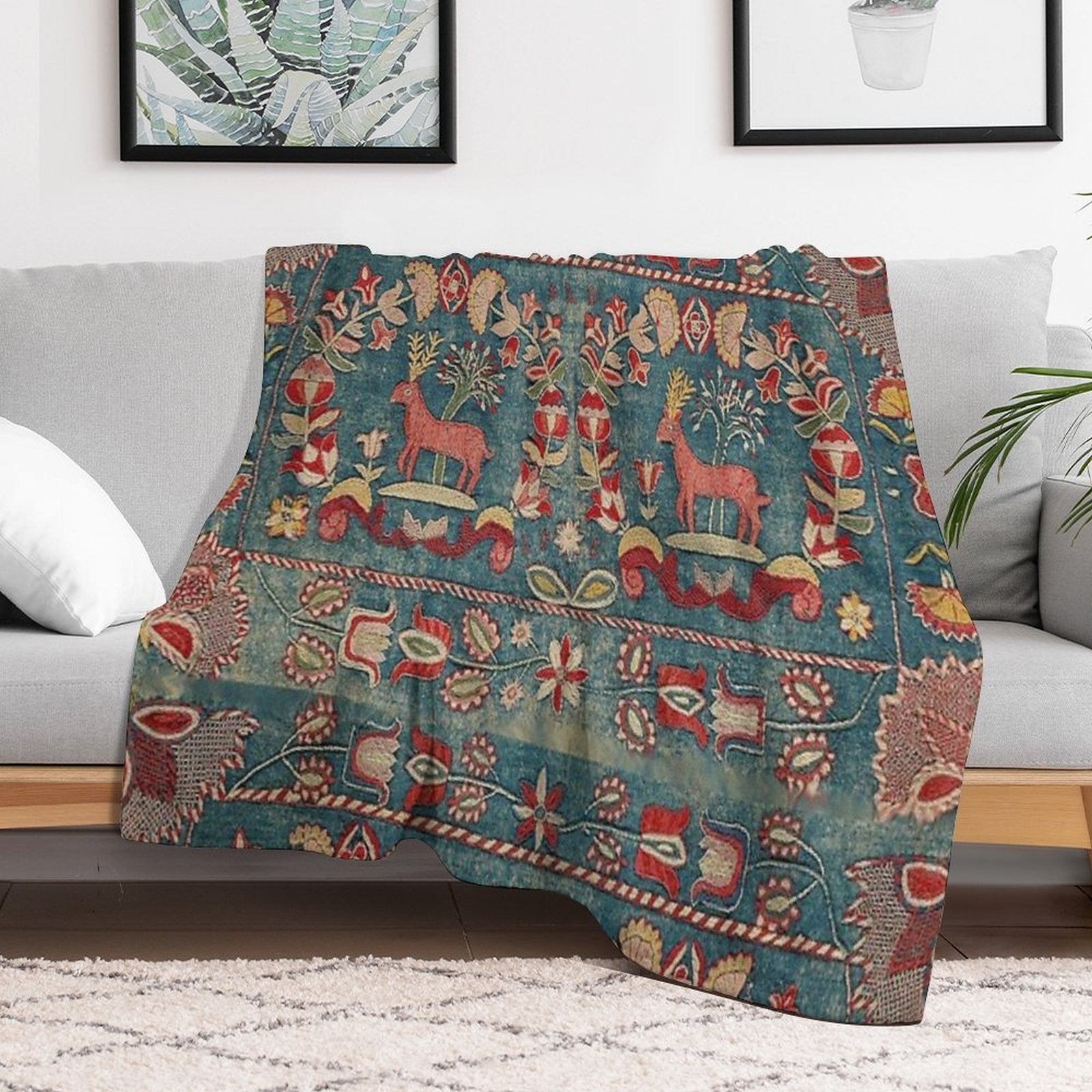 ANTIQUE  RED BLUE SWEDISH TAPESTRY WITH DEERS AND FLOWERS All-season Throw Blanket