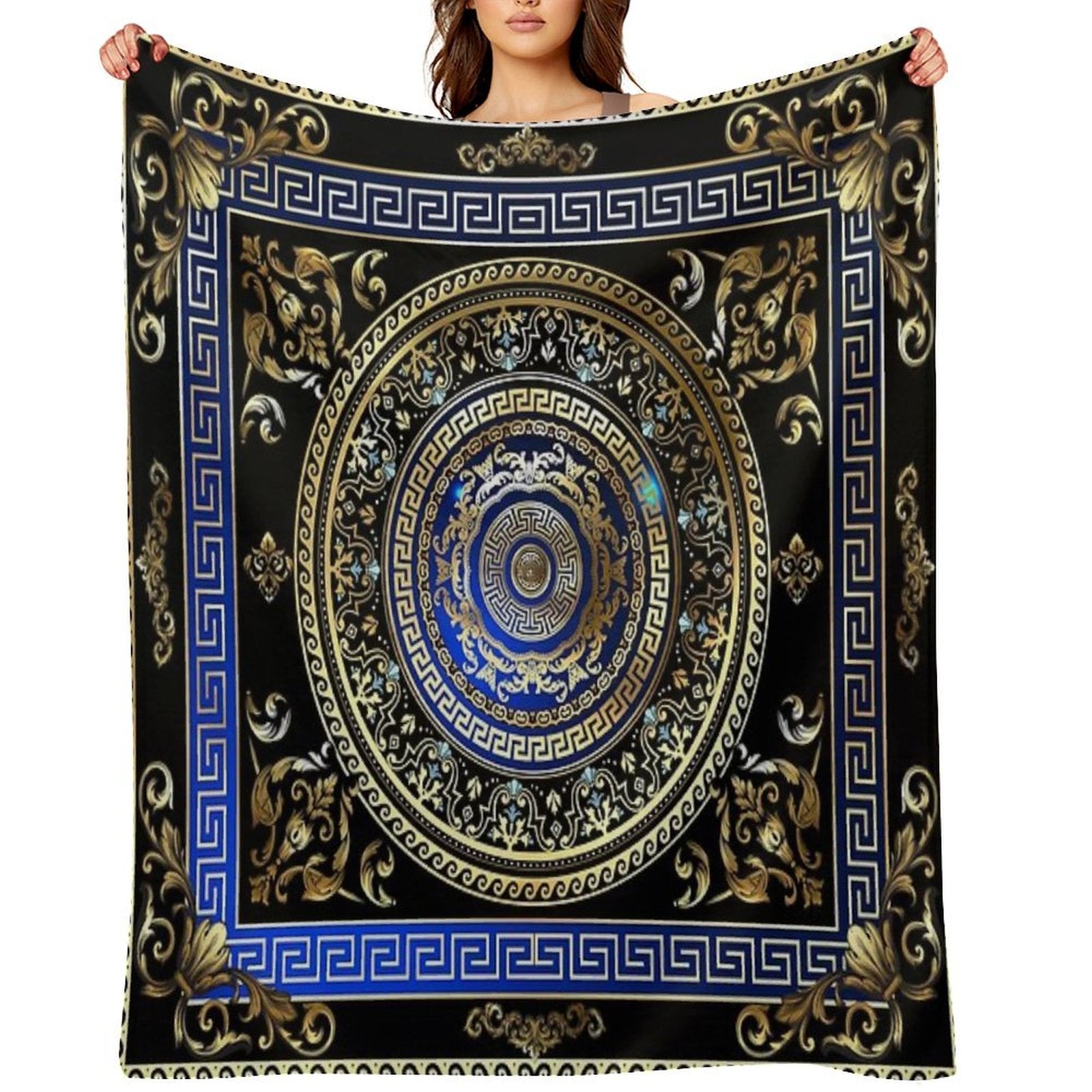 Greek Key Meander Black Blue Gold Ornate Medallion Easy Care Throw Blanket