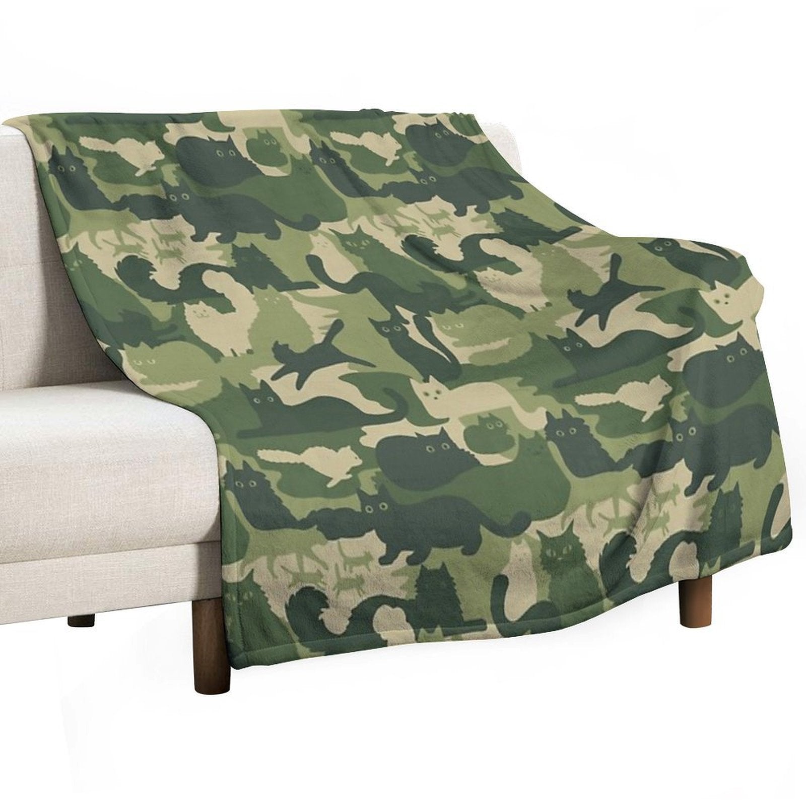 Camouflage Pattern with Cats  Green Cat Camo Sustainable Throw Blanket