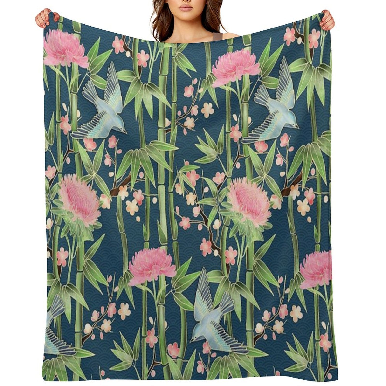 Bamboo, Birds And Blossom - Dark Teal Velvety-soft Throw Blanket