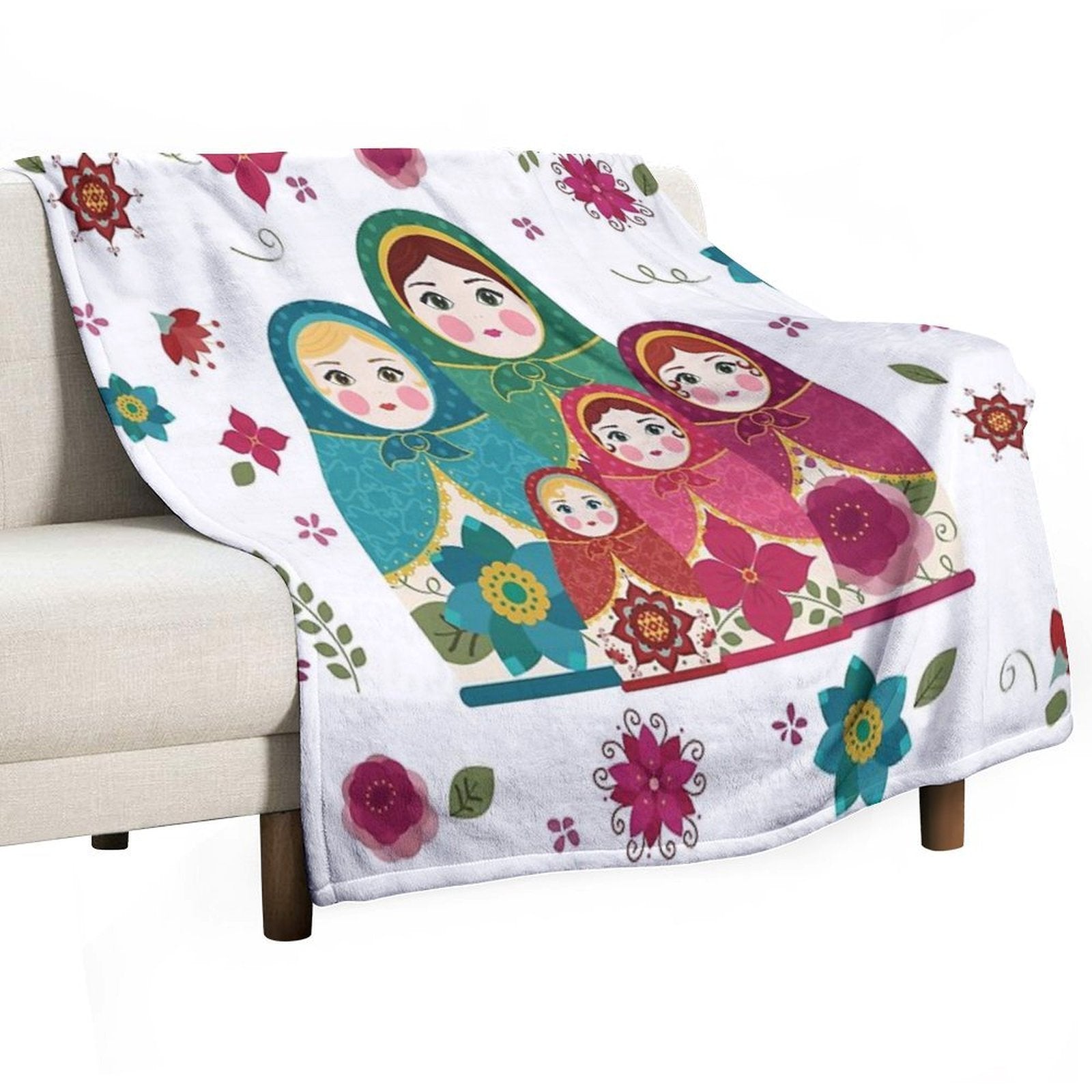 Russian Dolls White Sustainable Throw Blanket