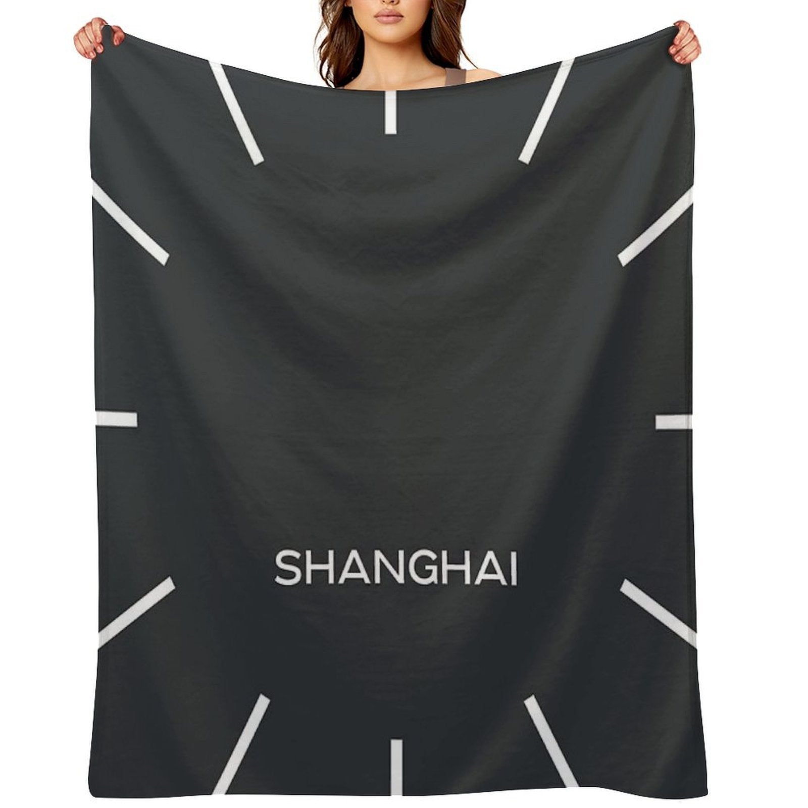 Shanghai Time Zone World Wall Clock-Phantom Black Shrink-resistant Throw Blanket