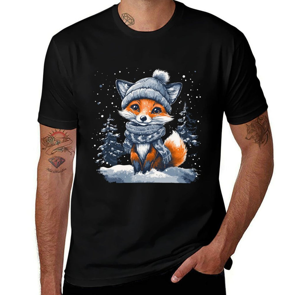 Fox Wearing Winter Hat  Scarf Snowy Christmas Scene  Eco-friendly Material T-Shirt