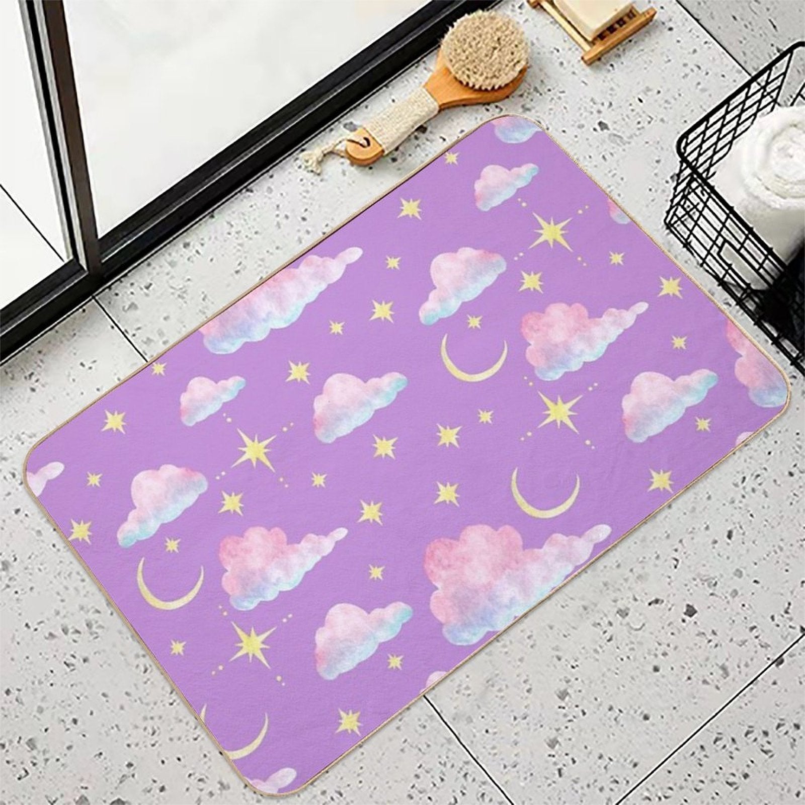 Purple Evening Sky with Moon, Stars And Clouds  Slip-Resistant Bath Mat