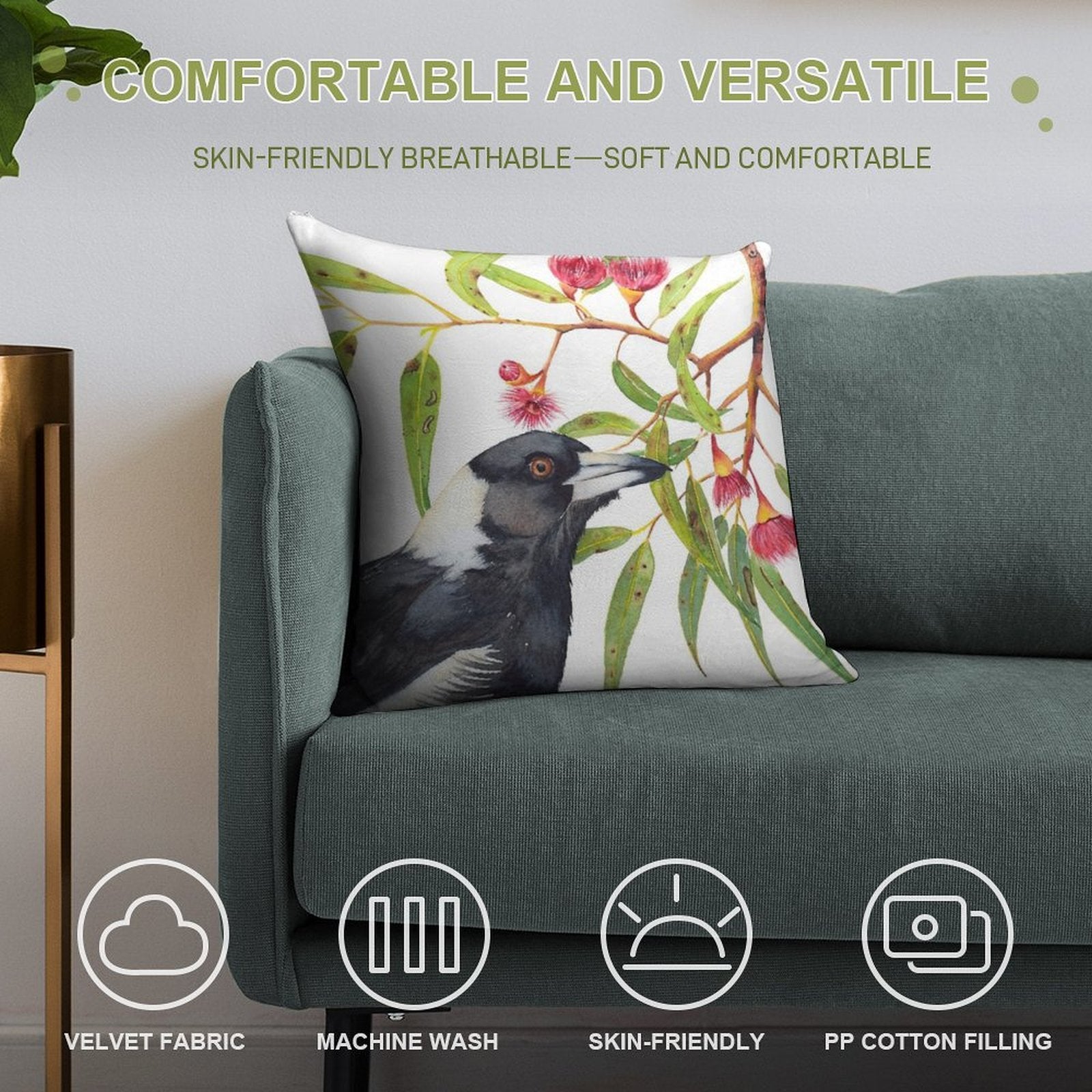 Australian Magpie And Eucalyptus Blossoms Watercolour Painting Soft High-Density Material Throw Pillow