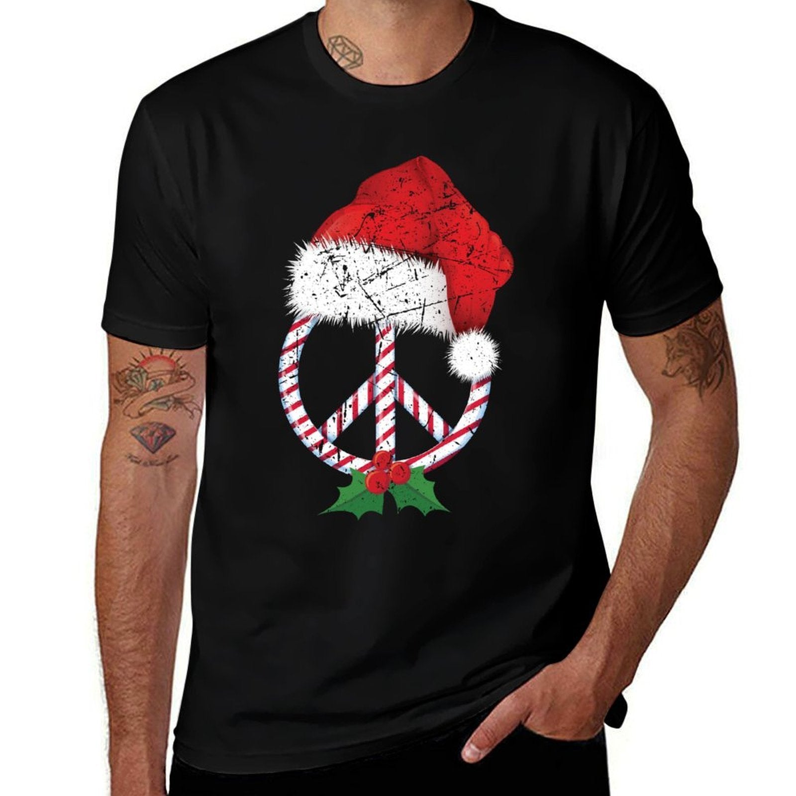 Christmas Peace Sign Santa Xmas Wreath Hippie Candy Cane  Quick-drying T-Shirt