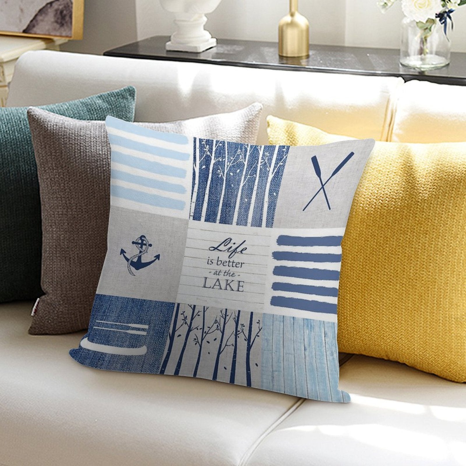 Life Is Better at The Lake Patchwork Soft Fade-Resistant Throw Pillow
