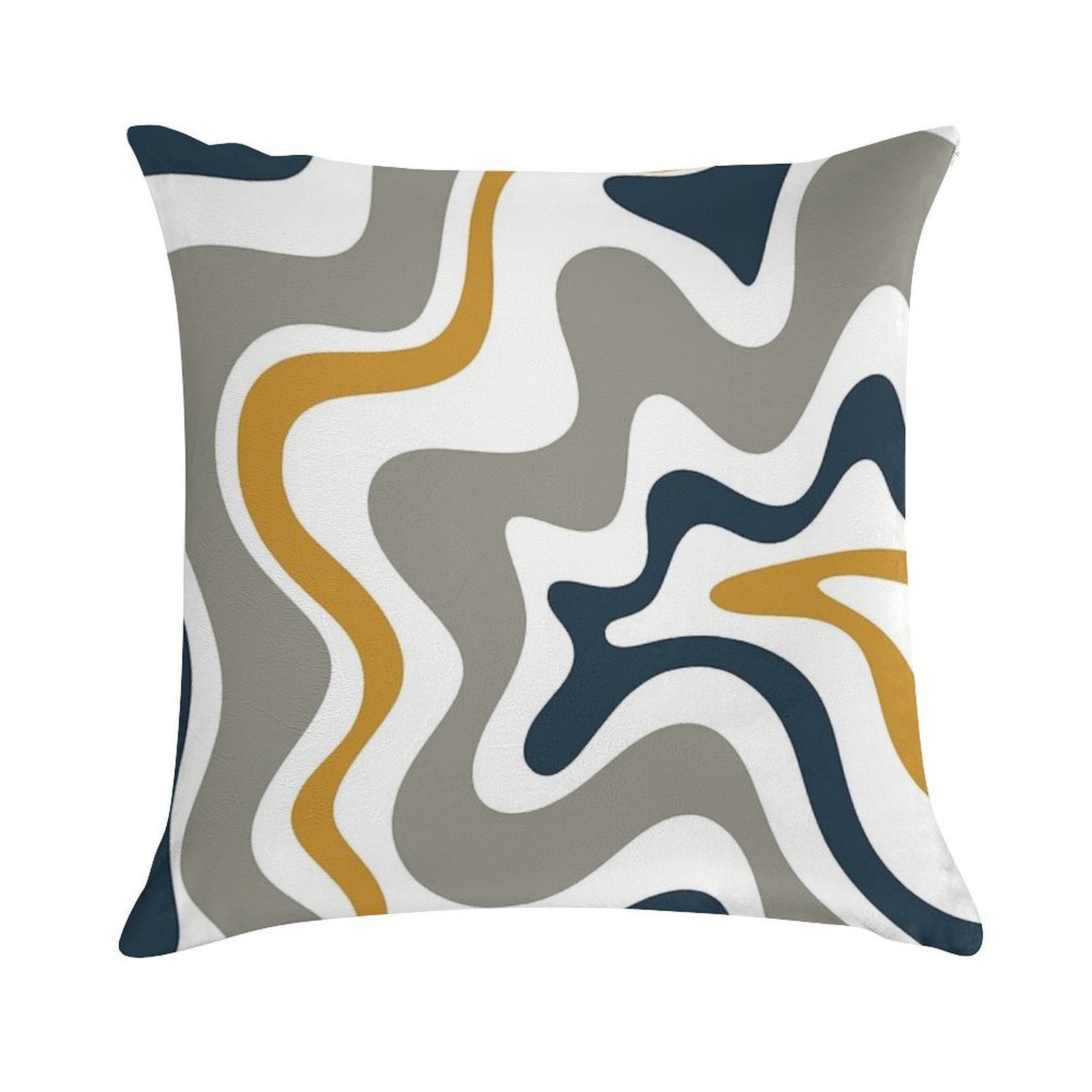 Liquid Swirl Contemporary Abstract in Mustard Yellow, Navy Blue, Grey, And White Soft Reinforced Edging Throw Pillow