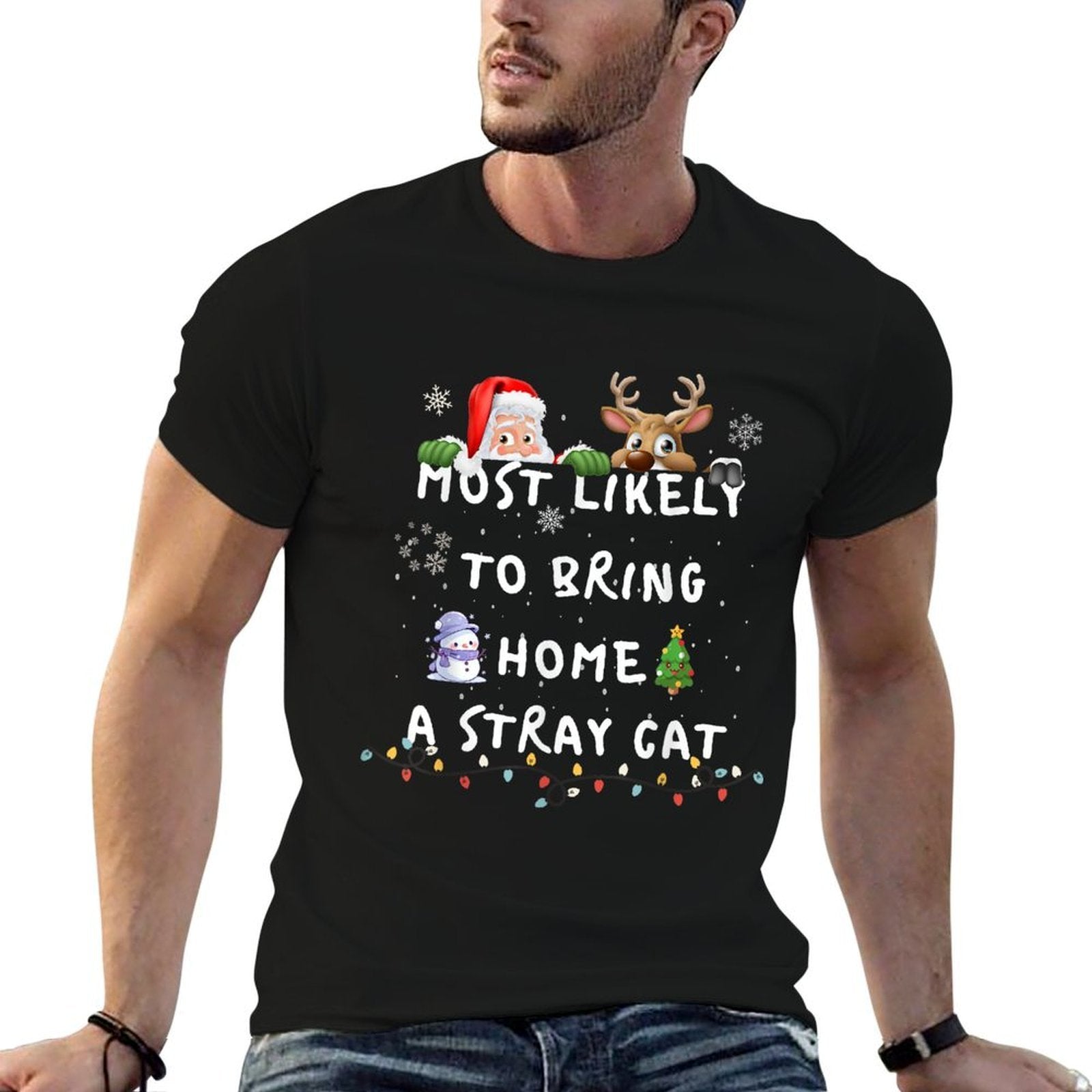 Most Likely To Funny Stray Cat Christmas Pajamas Family  Summer-ready Fabric T-Shirt