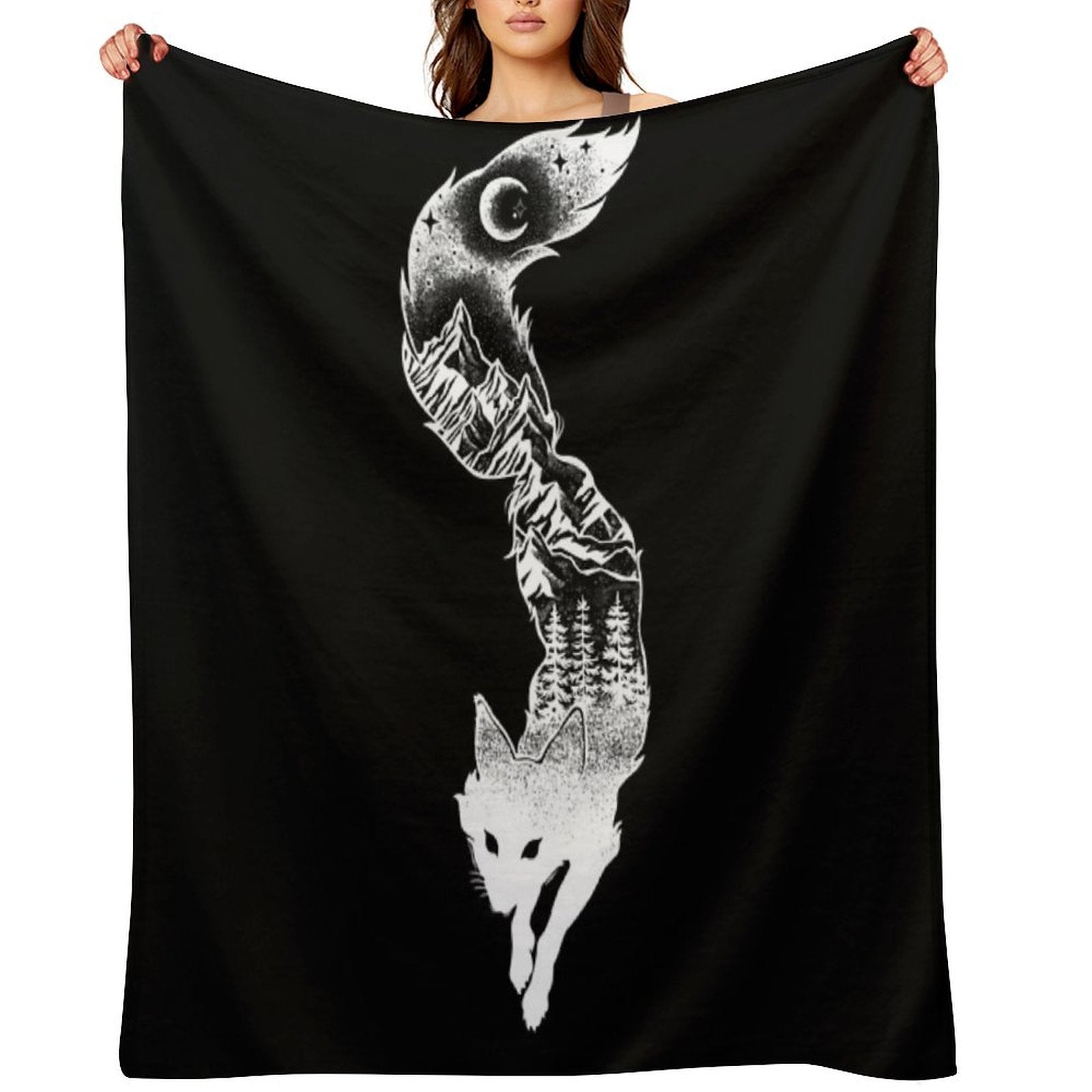 Fox Silhouette with Mountains, Trees & Moon T-Shirt Gift-ready Throw Blanket