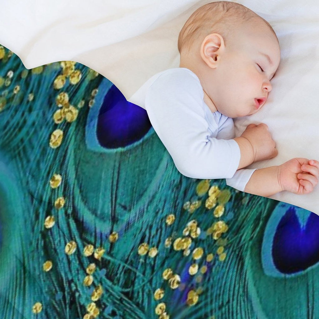 Dreamy Peacock Feathers, Teal And Purple, Glimmering Gold Shrink-resistant Throw Blanket