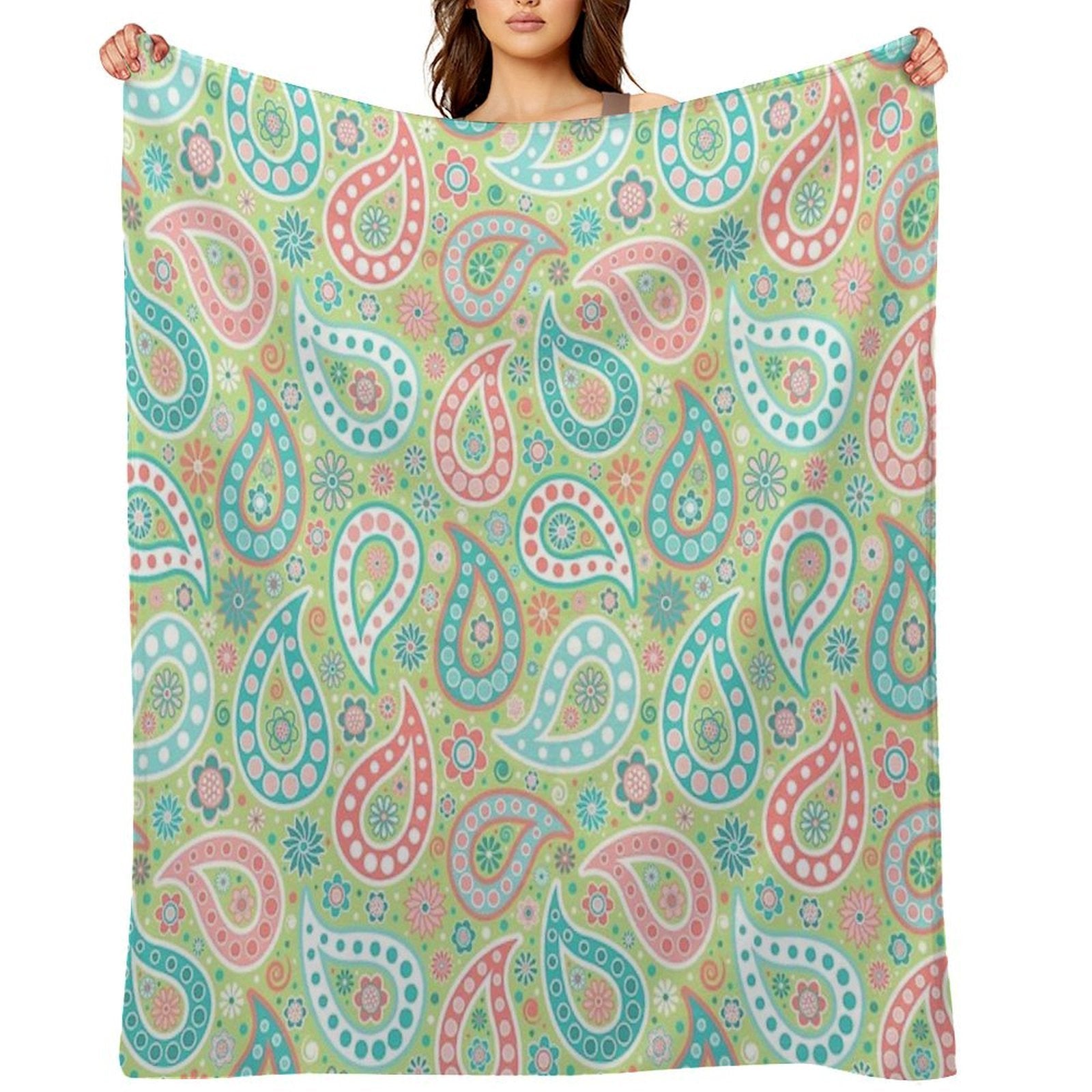 Paisley in Green, Turquoise Blue, Coral Pink And White Lightweight Throw Blanket