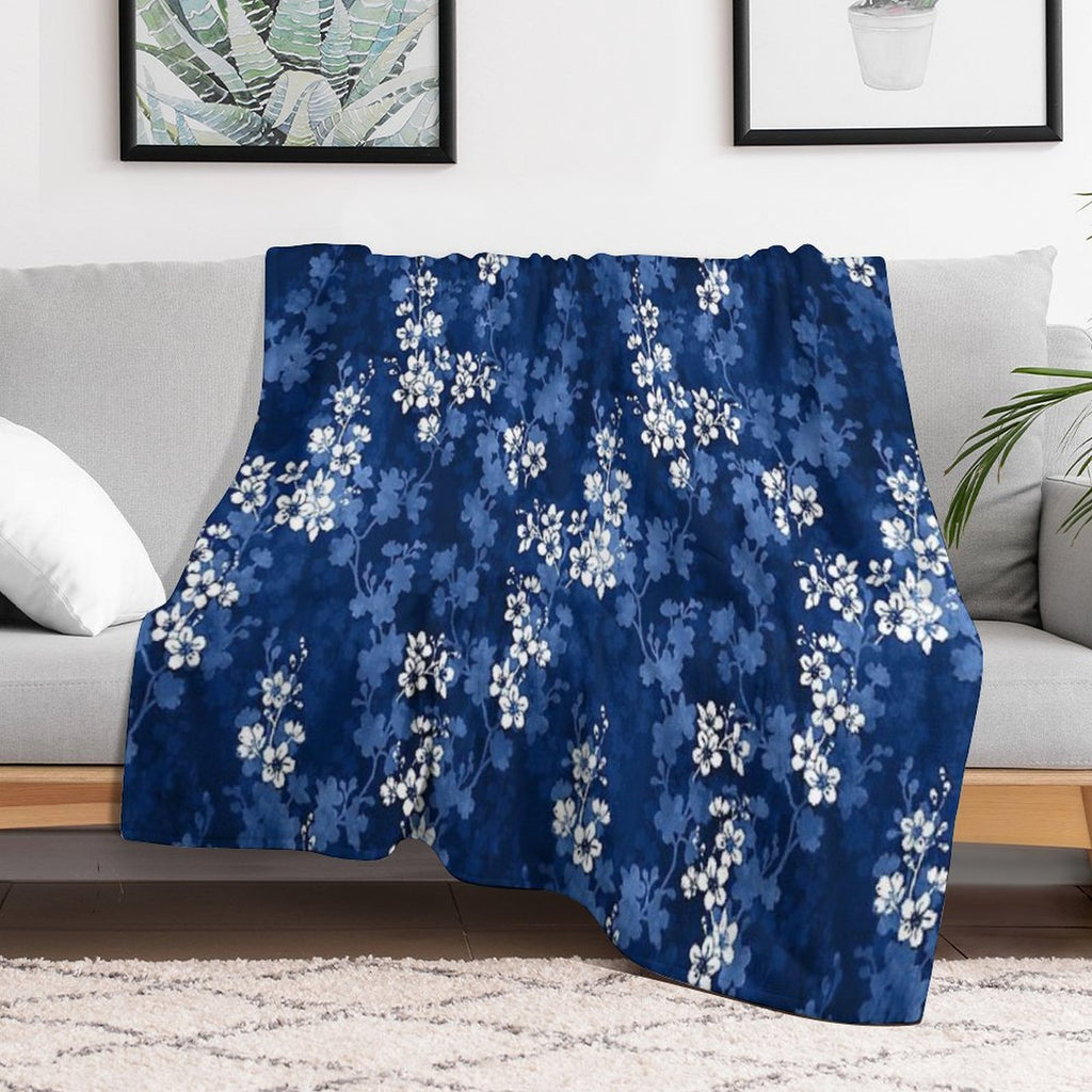 Sakura Blossom in Deep Blue Velvety-soft Throw Blanket