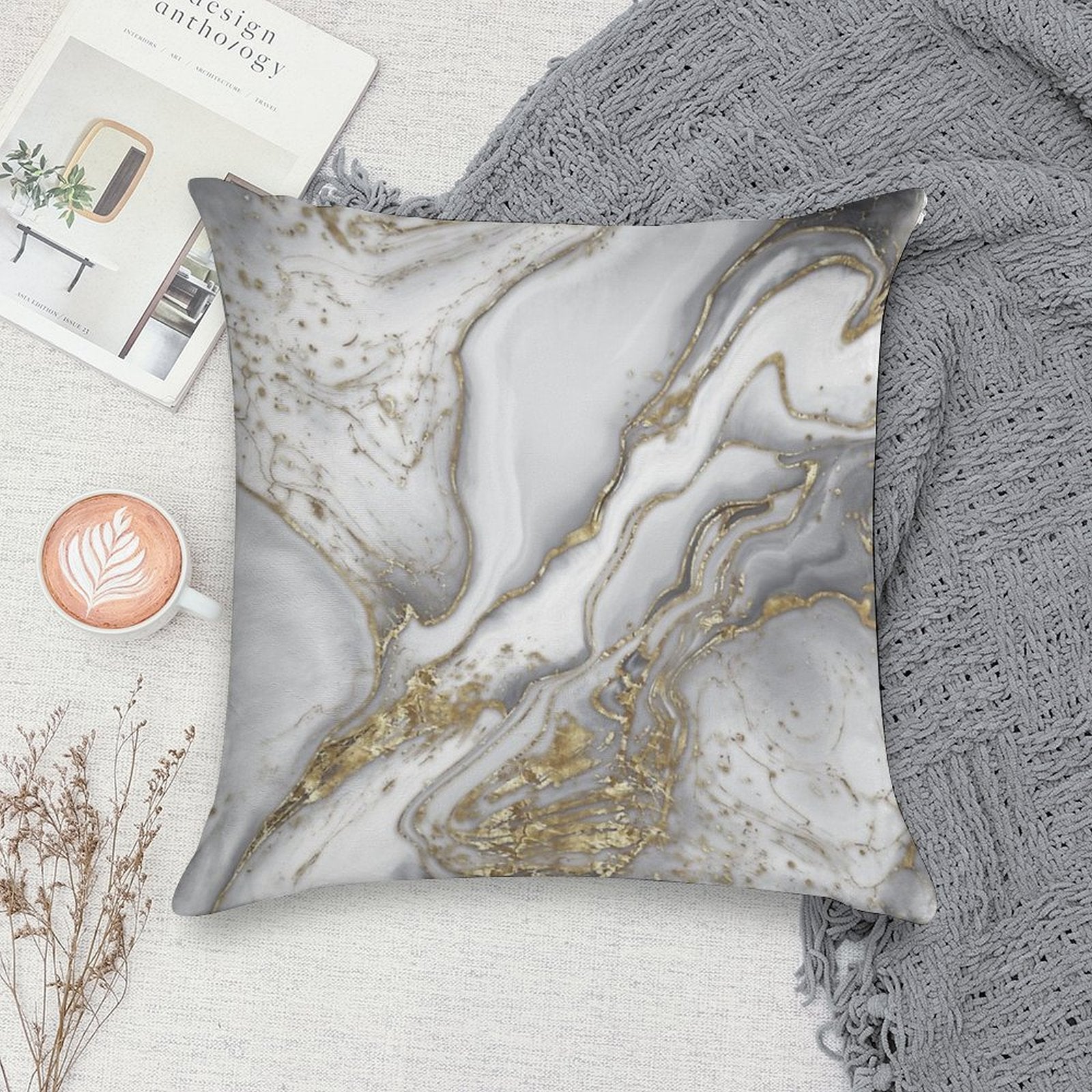 Liquid Marble - Pearl And Gold Soft Fade-Resistant Throw Pillow