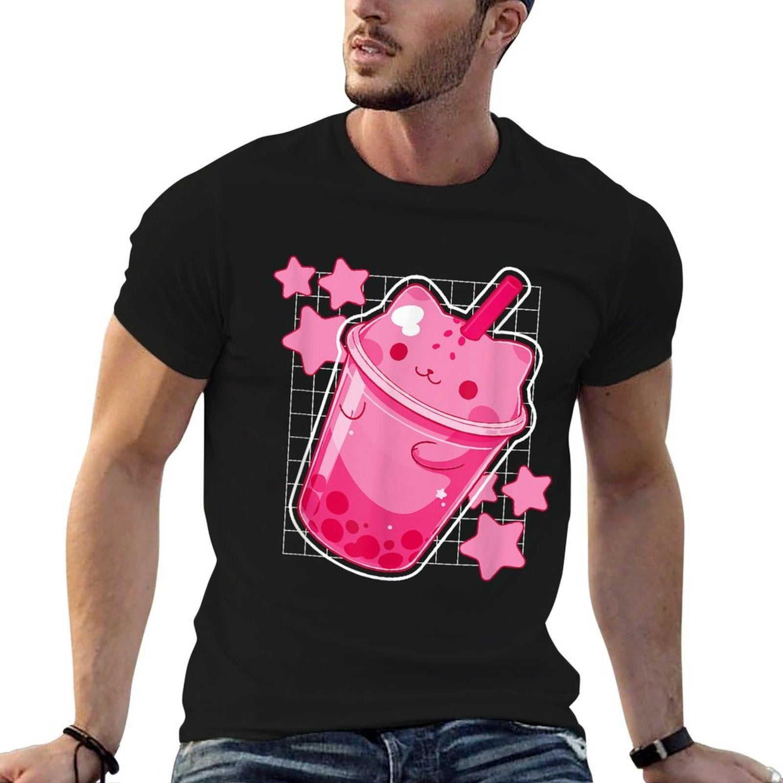 Kawaii Cat Boba Tea Funny Japanese Cat Pink Graphic  Slim-fit Cut T-Shirt
