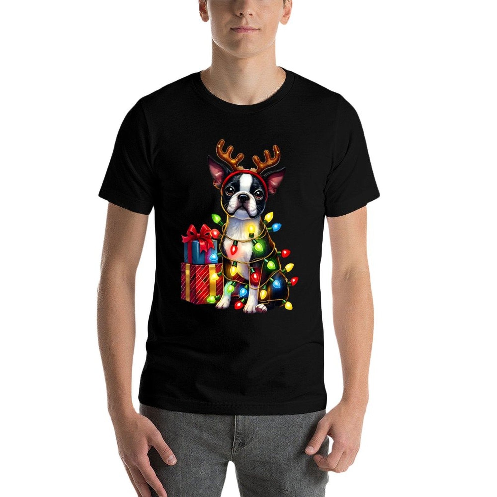 Pet Animal Boston Terrier Dog Reindeer Antlers Christmas for Men Women Kids  Quick-drying T-Shirt